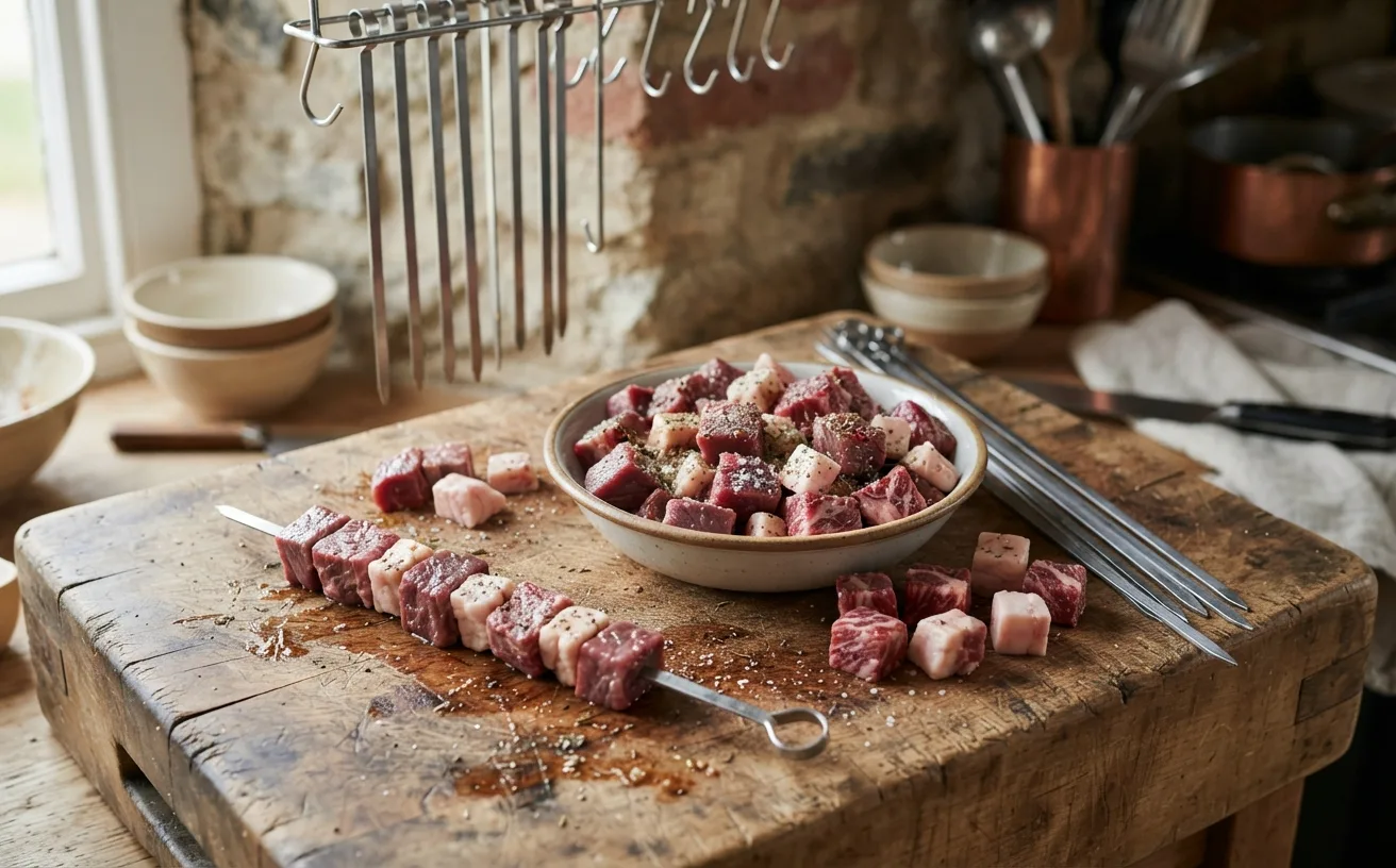 Evenly cut cubes of lamb and beef on a wooden block with a threaded skewer and hanging steel skewers