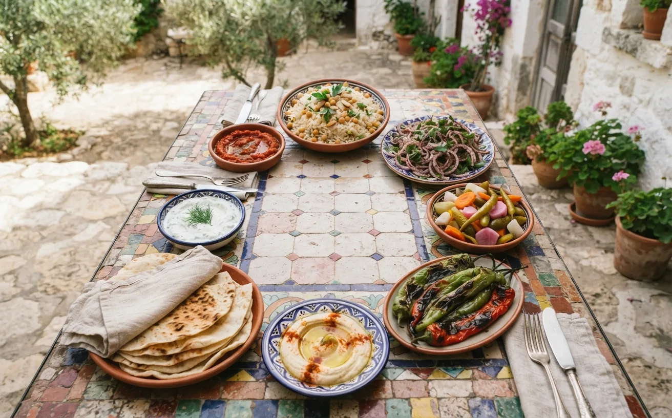 A tiled courtyard table spread with salads, pickles, rice, grilled vegetables and flatbread