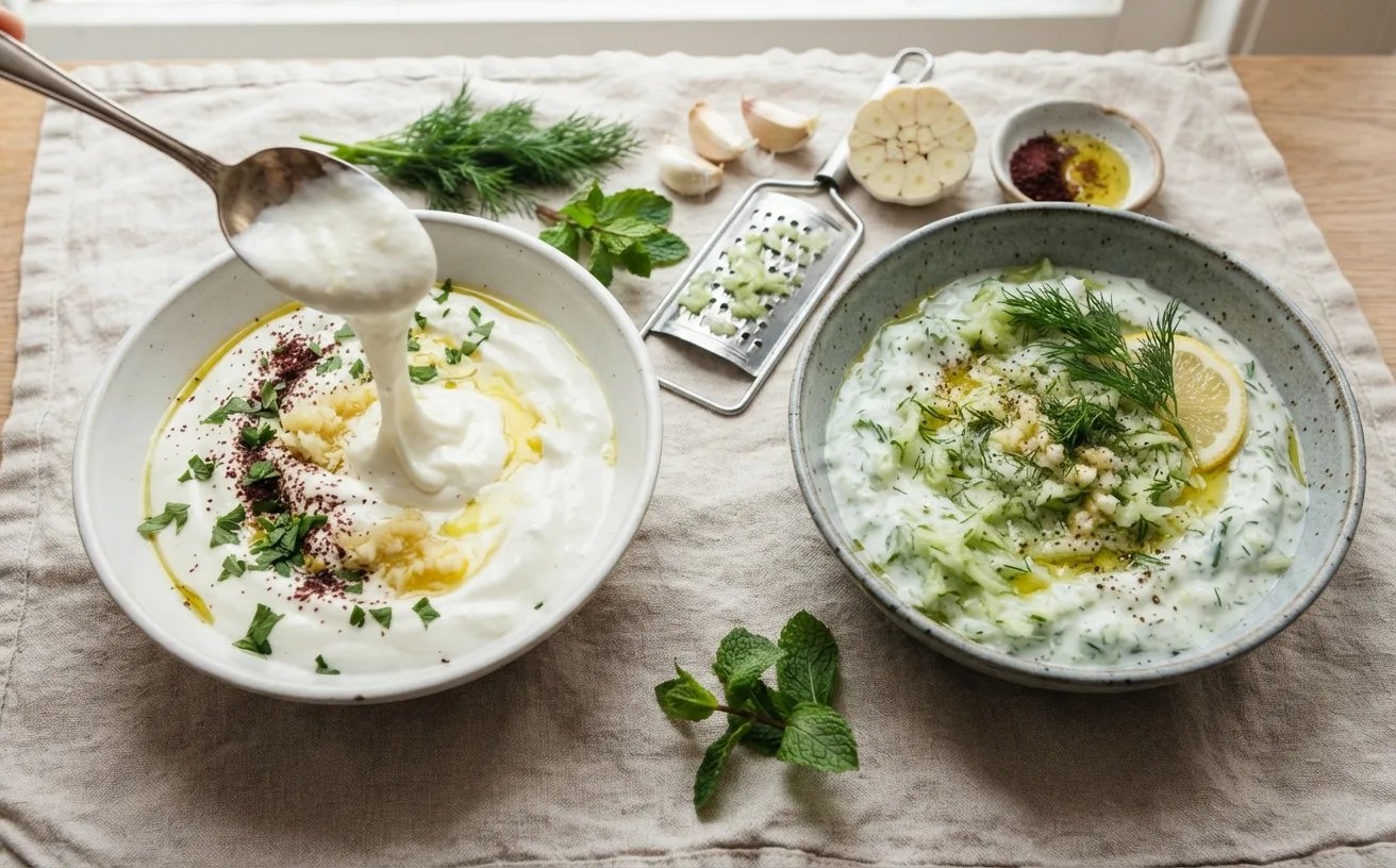 Two bowls of yogurt sauce on pale linen, one garlic-whipped and one with cucumber and dill