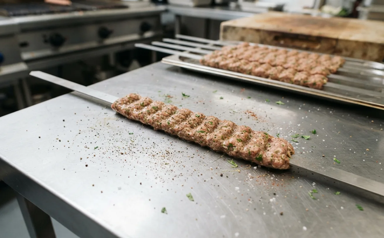 Seasoned mince pressed along a wide flat skewer with even finger indentations on a steel prep bench