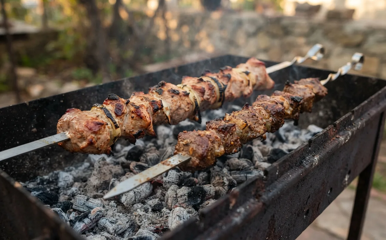 Skewered meat grilling over a long bed of grey coals on a mangal
