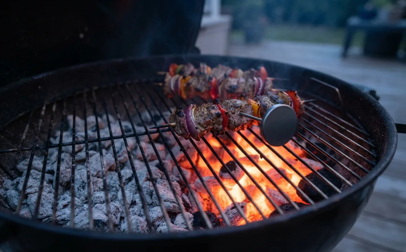 A charcoal grill with one fiercely glowing zone and one ashed-over zone, a probe thermometer in a skewer