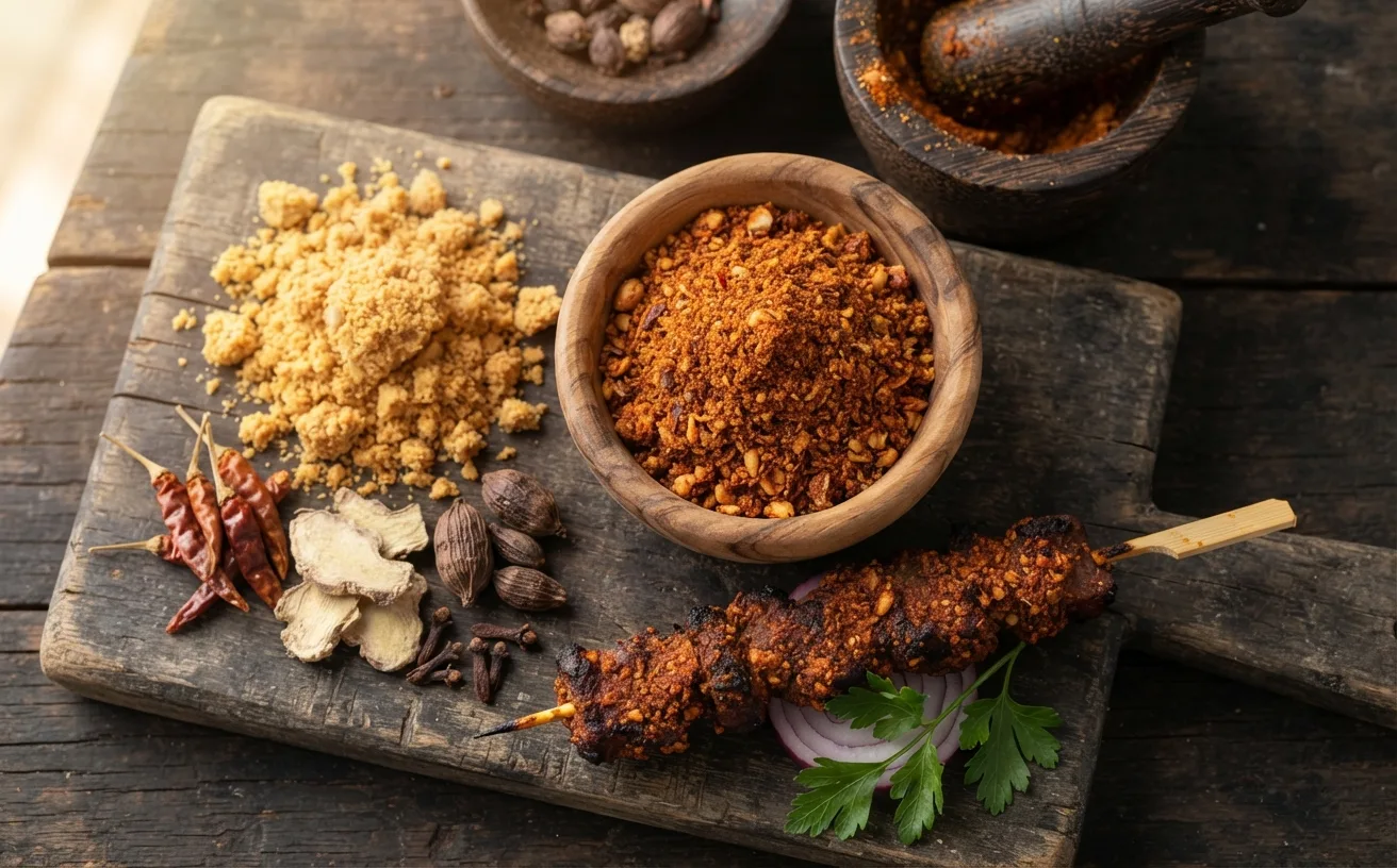 A wooden board with a mound of rust-red yaji spice, crumbled kuli-kuli, dried chillies and a dusted beef skewer