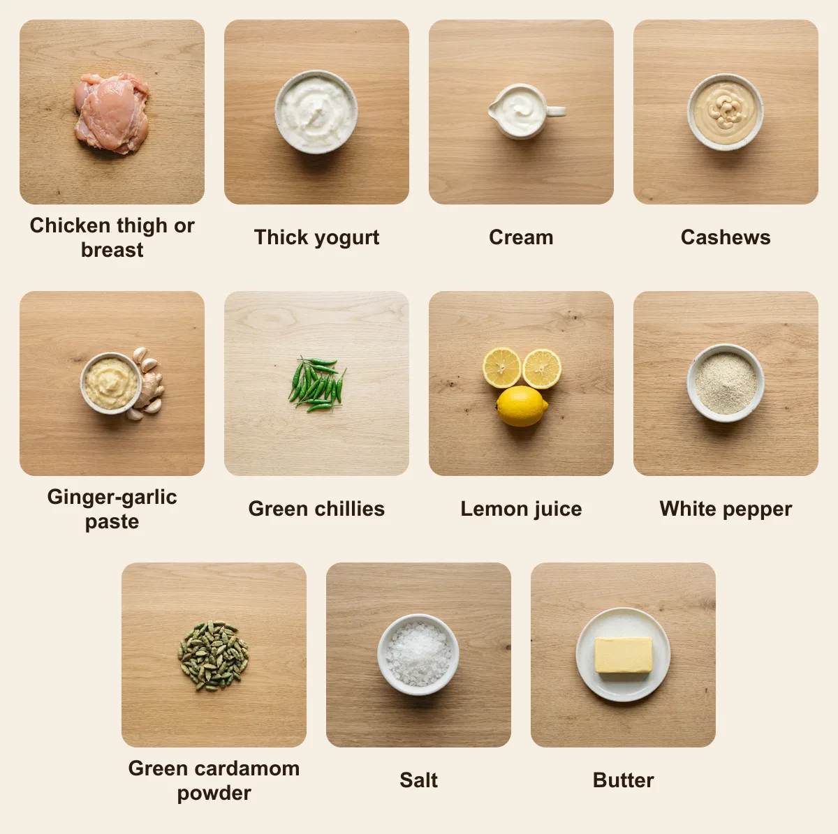 Everything you need for Afghani Chicken Kebab, laid out from above: Chicken thigh or breast, Thick yogurt, Cream, Cashews, Ginger-garlic paste, Green chillies, Lemon juice, White pepper, Green cardamom powder, Salt, Butter (AI illustration)