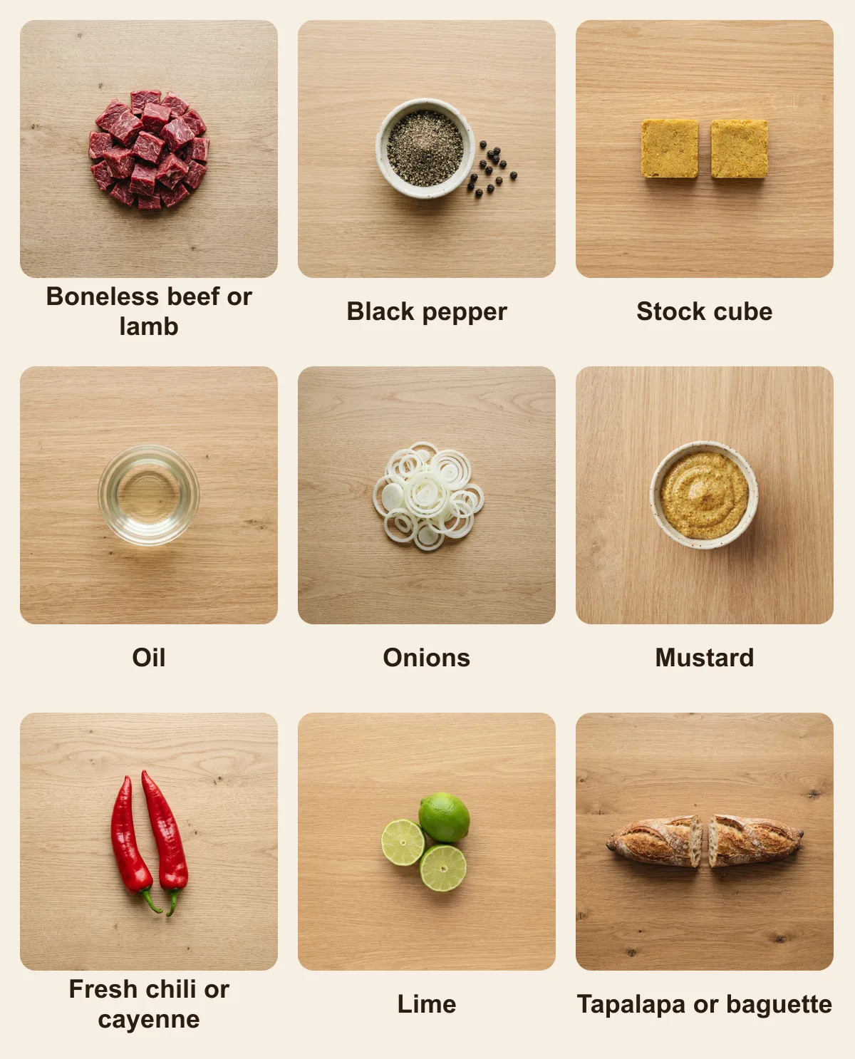 Everything you need for Afra, laid out from above: Boneless beef or lamb, Black pepper, Stock cube, Oil, Onions, Mustard, Fresh chili or cayenne, Lime, Tapalapa or baguette (AI illustration)