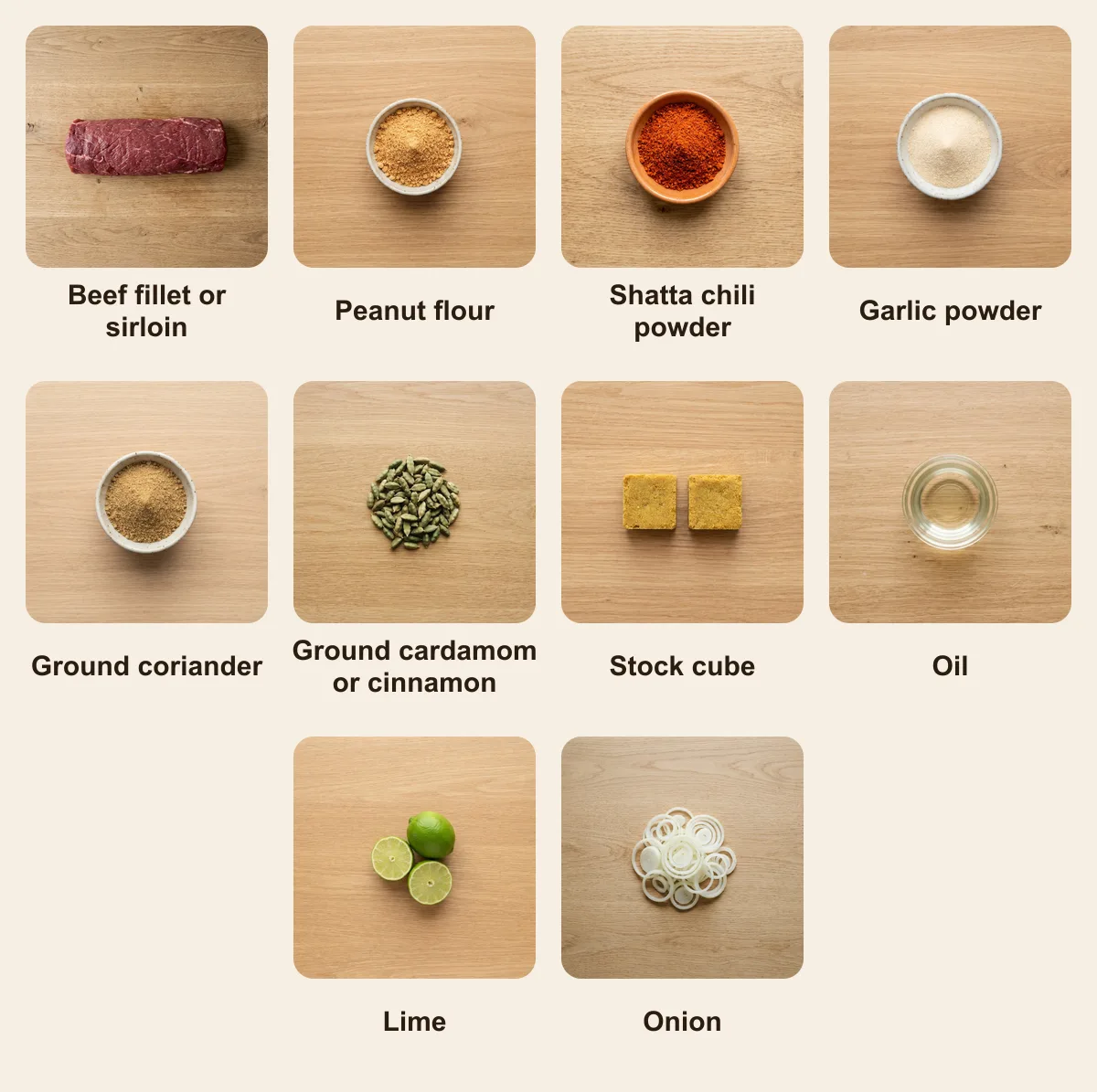 Everything you need for Agashe, laid out from above: Beef fillet or sirloin, Peanut flour, Shatta chili powder, Garlic powder, Ground coriander, Ground cardamom or cinnamon, Stock cube, Oil, Lime, Onion (AI illustration)