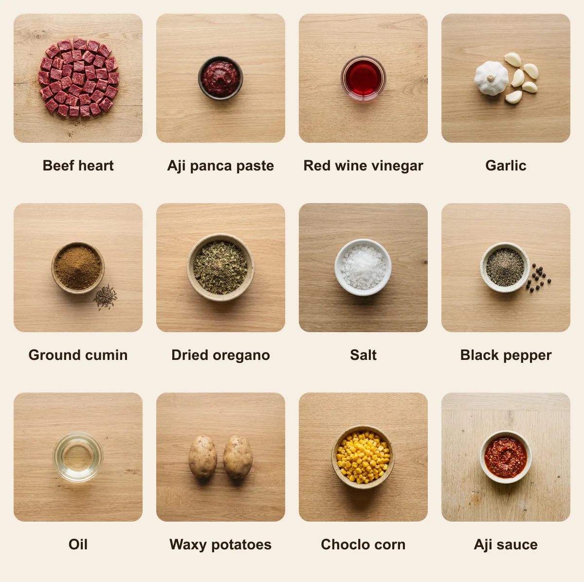 Everything you need for Anticuchos, laid out from above: Beef heart, Aji panca paste, Red wine vinegar, Garlic, Ground cumin, Dried oregano, Salt, Black pepper, Oil, Waxy potatoes, Choclo corn, Aji sauce (AI illustration)