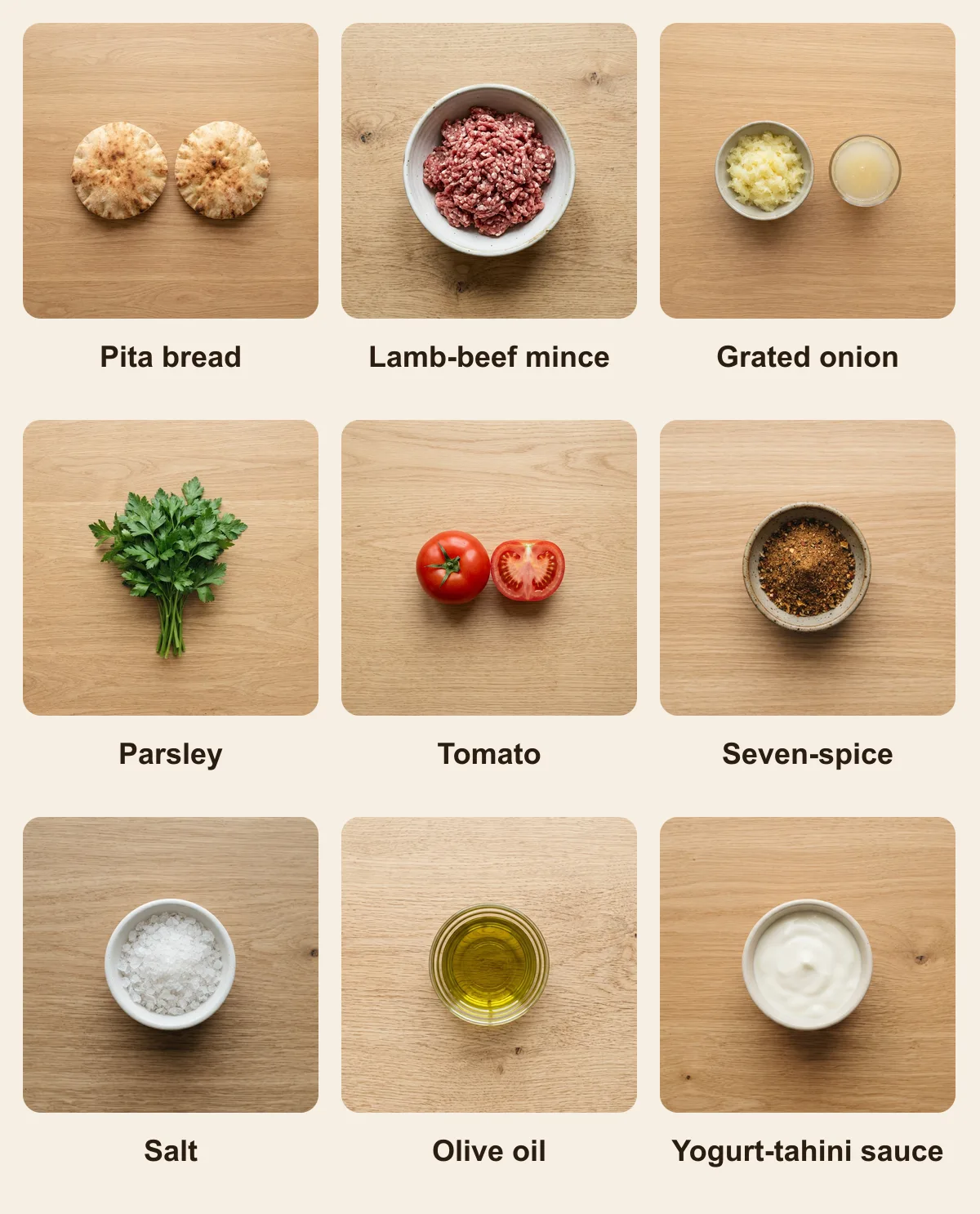 Everything you need for Arayes, laid out from above: Pita bread, Lamb-beef mince, Grated onion, Parsley, Tomato, Seven-spice, Salt, Olive oil, Yogurt-tahini sauce (AI illustration)