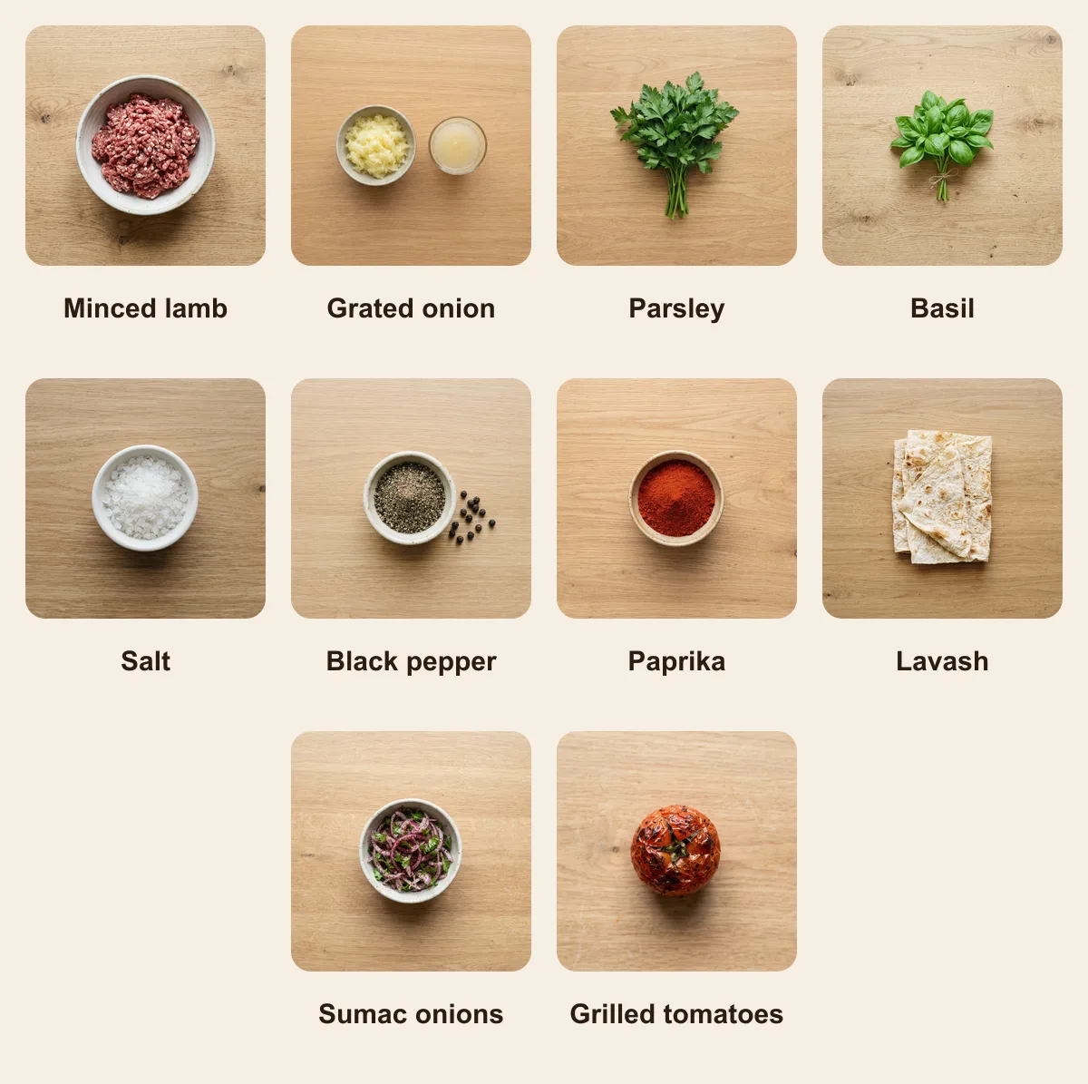 Everything you need for Armenian Lula Kebab, laid out from above: Minced lamb, Grated onion, Parsley, Basil, Salt, Black pepper, Paprika, Lavash, Sumac onions, Grilled tomatoes (AI illustration)