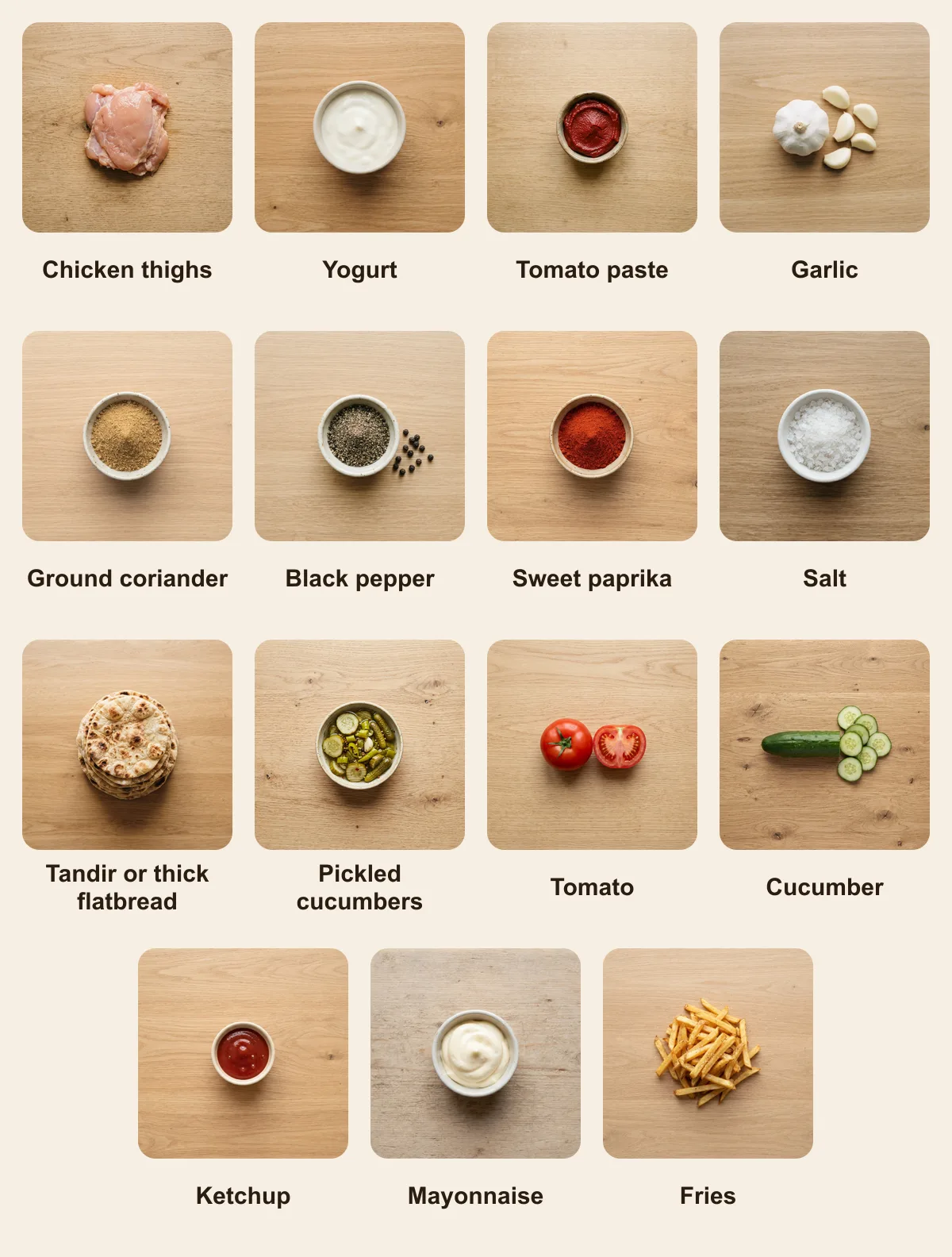 Everything you need for Azerbaijani Doner, laid out from above: Chicken thighs, Yogurt, Tomato paste, Garlic, Ground coriander, Black pepper, Sweet paprika, Salt, Tandir or thick flatbread, Pickled cucumbers, Tomato, Cucumber, Ketchup, Mayonnaise, Fries (AI illustration)