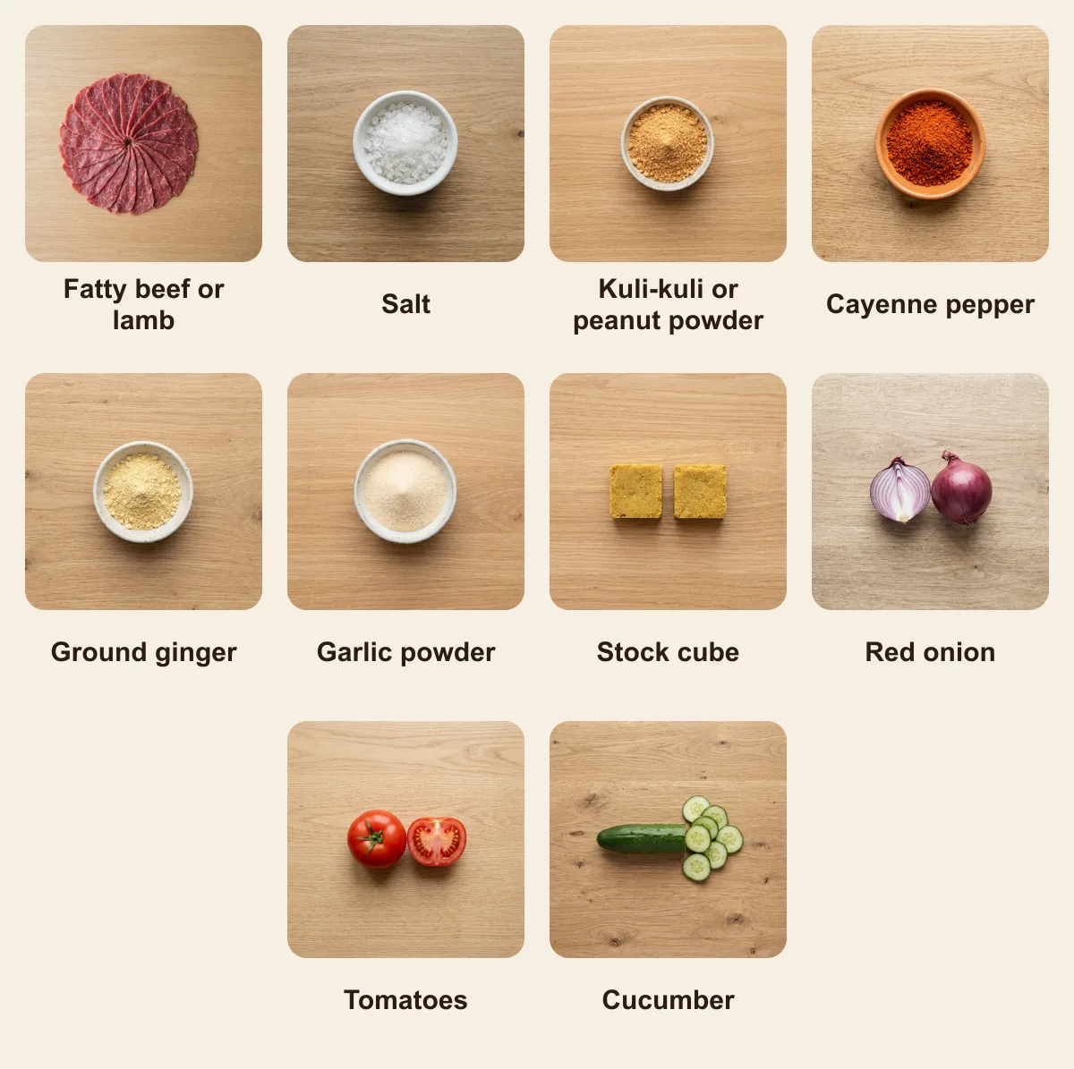 Everything you need for Balangu, laid out from above: Fatty beef or lamb, Salt, Kuli-kuli or peanut powder, Cayenne pepper, Ground ginger, Garlic powder, Stock cube, Red onion, Tomatoes, Cucumber (AI illustration)