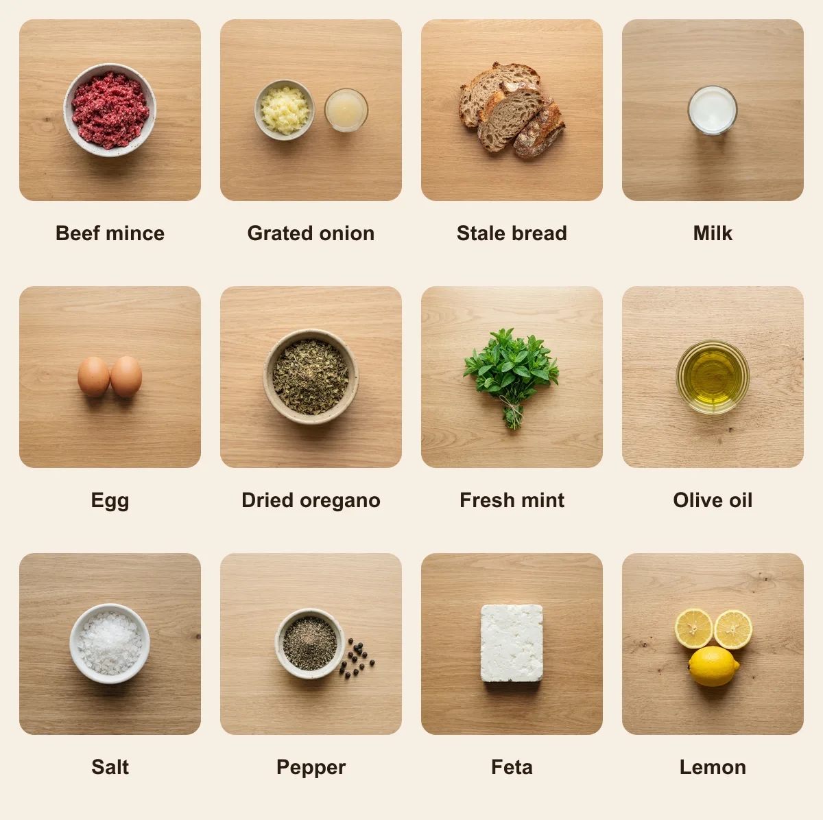 Everything you need for Bifteki, laid out from above: Beef mince, Grated onion, Stale bread, Milk, Egg, Dried oregano, Fresh mint, Olive oil, Salt, Pepper, Feta, Lemon (AI illustration)