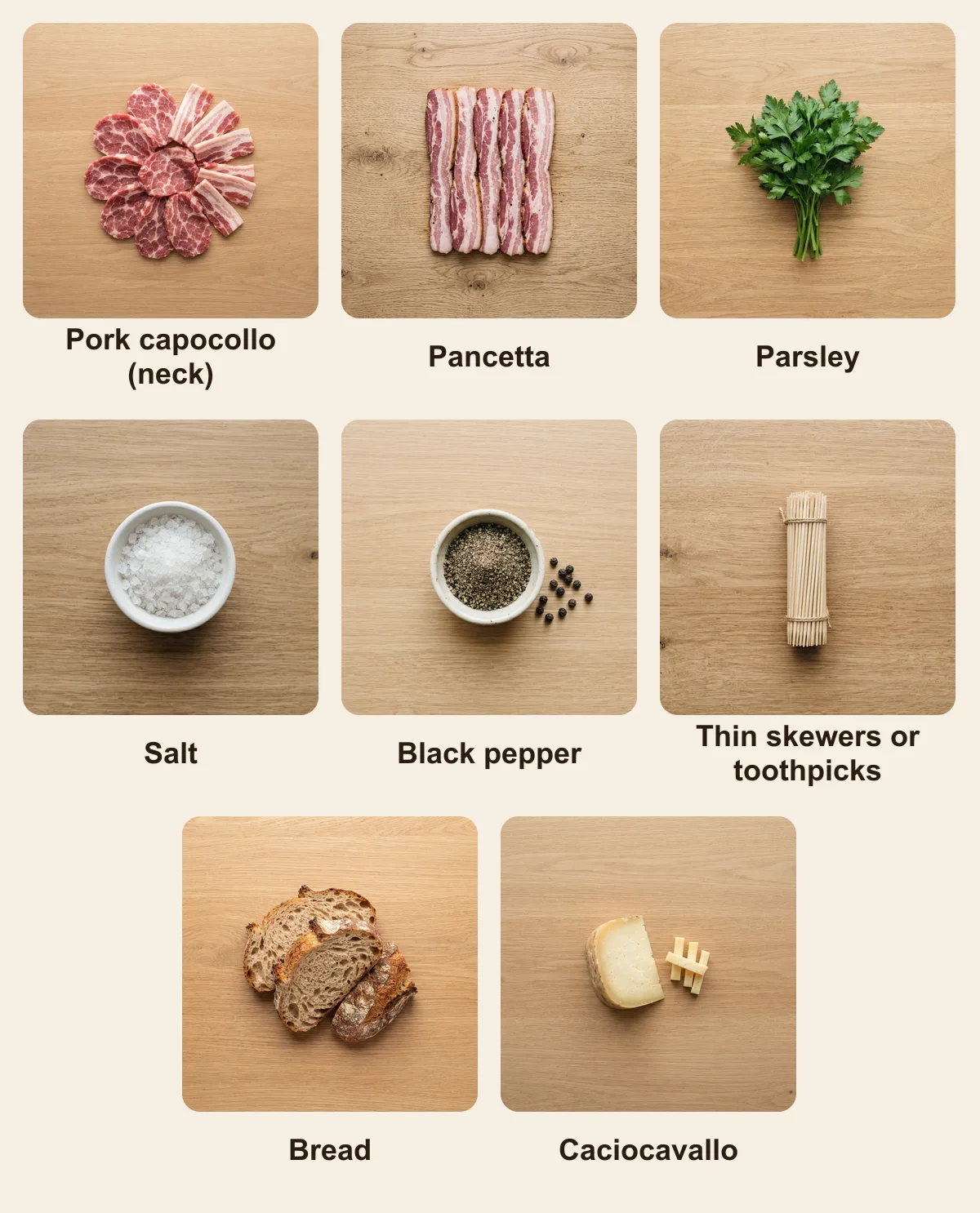 Everything you need for Bombette pugliesi, laid out from above: Pork capocollo (neck), Pancetta, Parsley, Salt, Black pepper, Thin skewers or toothpicks, Bread, Caciocavallo (AI illustration)