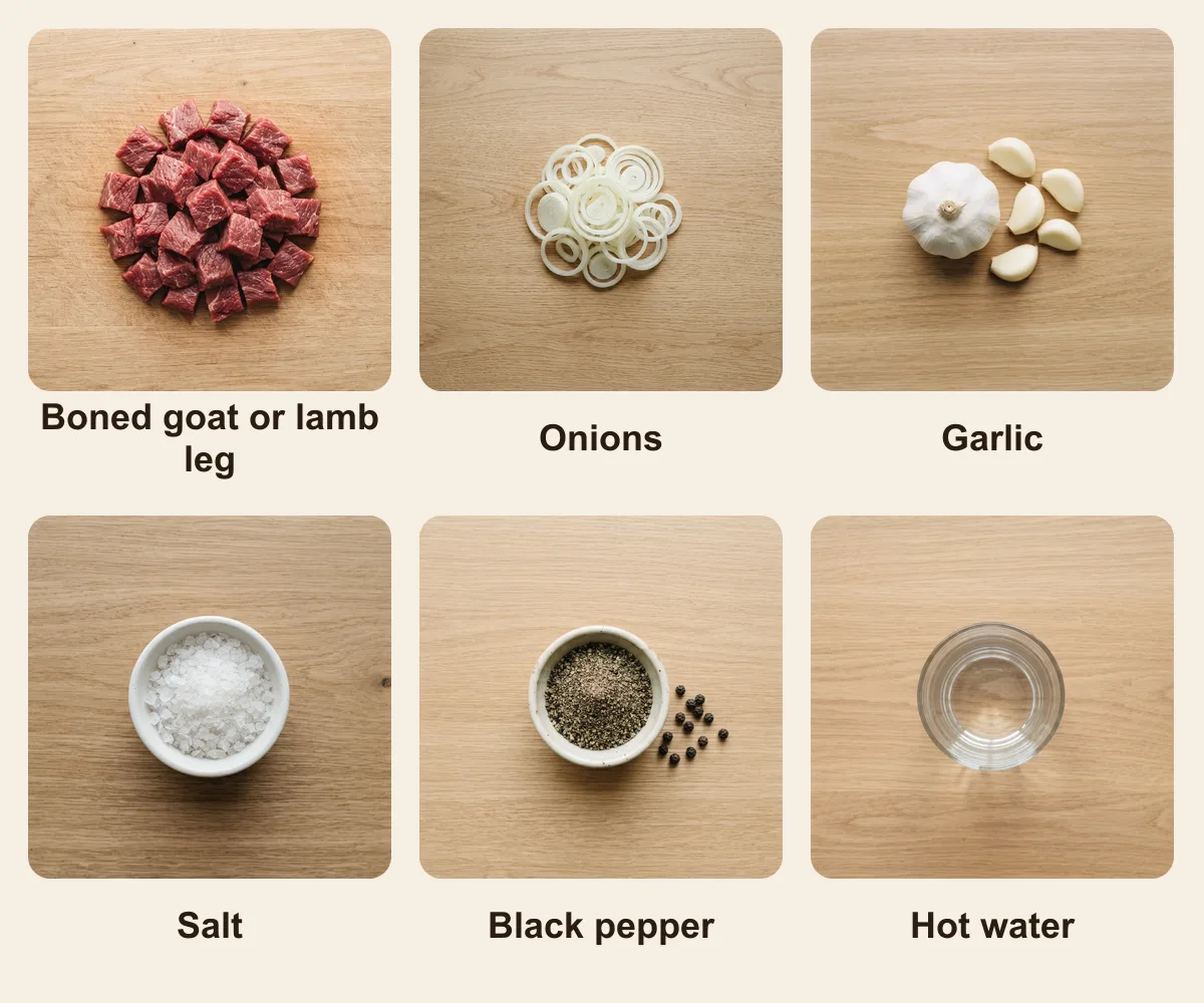 Everything you need for Boodog, laid out from above: Boned goat or lamb leg, Onions, Garlic, Salt, Black pepper, Hot water (AI illustration)