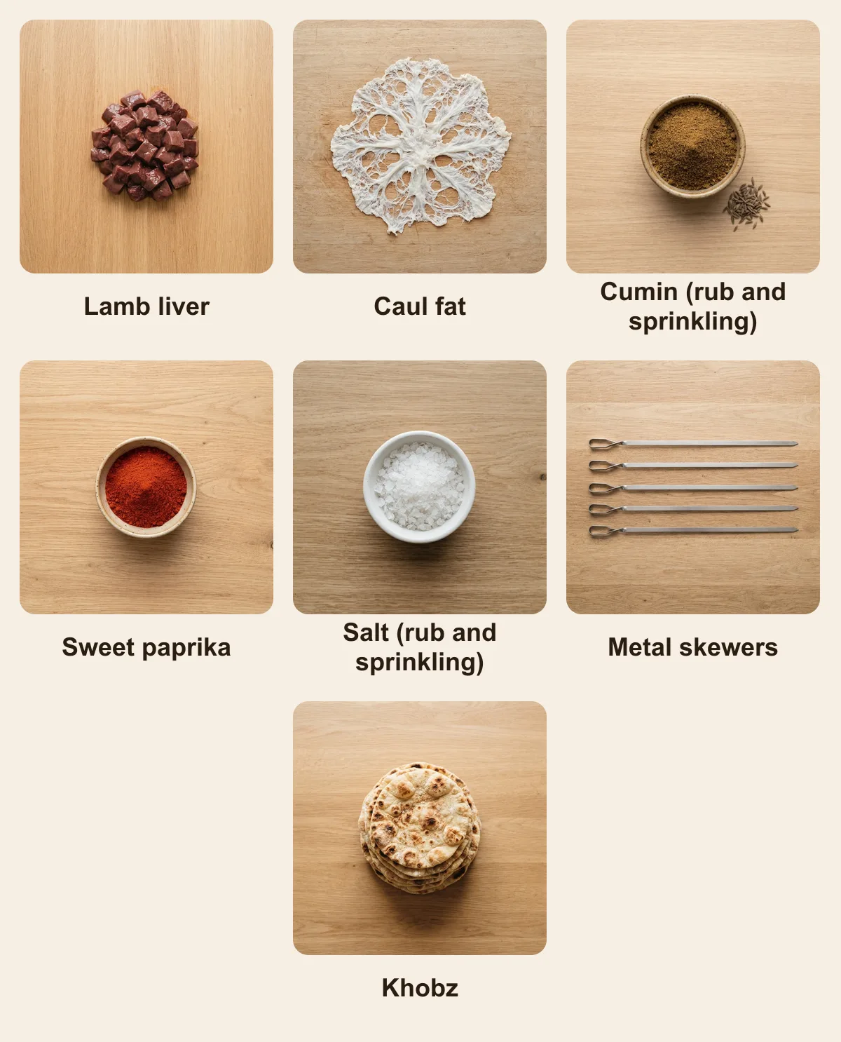 Everything you need for Boulfaf (Liver Skewers), laid out from above: Lamb liver, Caul fat, Cumin (rub and sprinkling), Sweet paprika, Salt (rub and sprinkling), Metal skewers, Khobz (AI illustration)