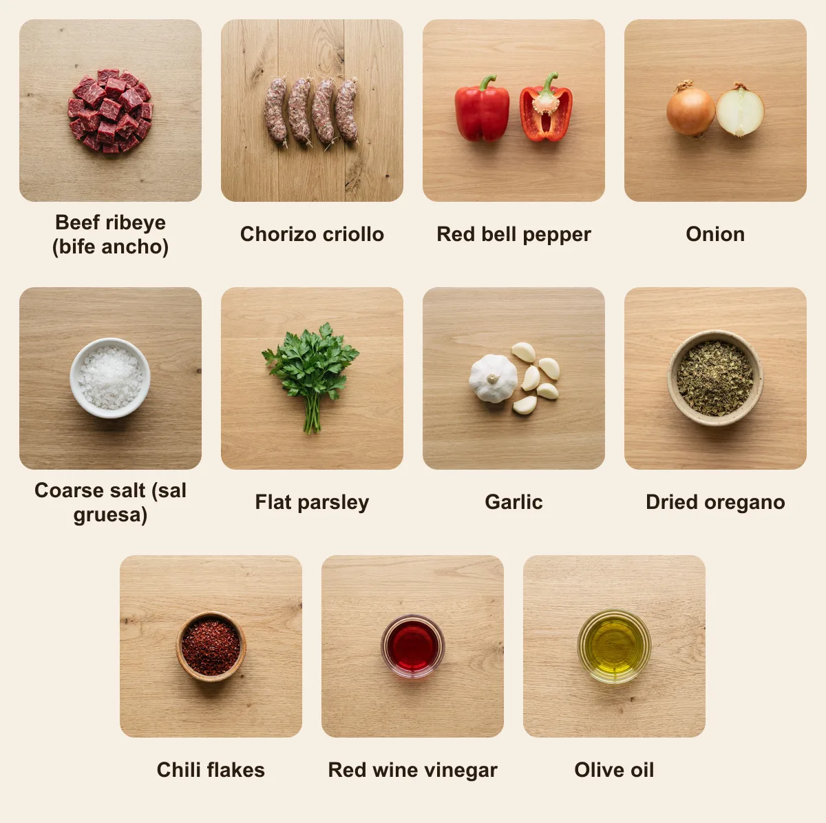 Everything you need for Brocheta de asado, laid out from above: Beef ribeye (bife ancho), Chorizo criollo, Red bell pepper, Onion, Coarse salt (sal gruesa), Flat parsley, Garlic, Dried oregano, Chili flakes, Red wine vinegar, Olive oil (AI illustration)