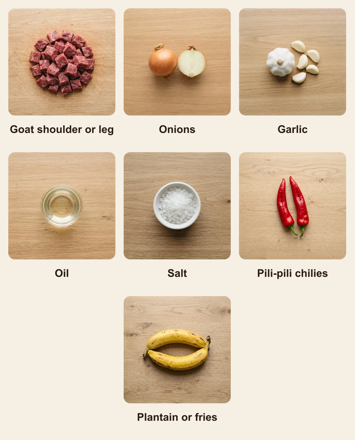 Everything you need for Brochettes (East African), laid out from above: Goat shoulder or leg, Onions, Garlic, Oil, Salt, Pili-pili chilies, Plantain or fries (AI illustration)