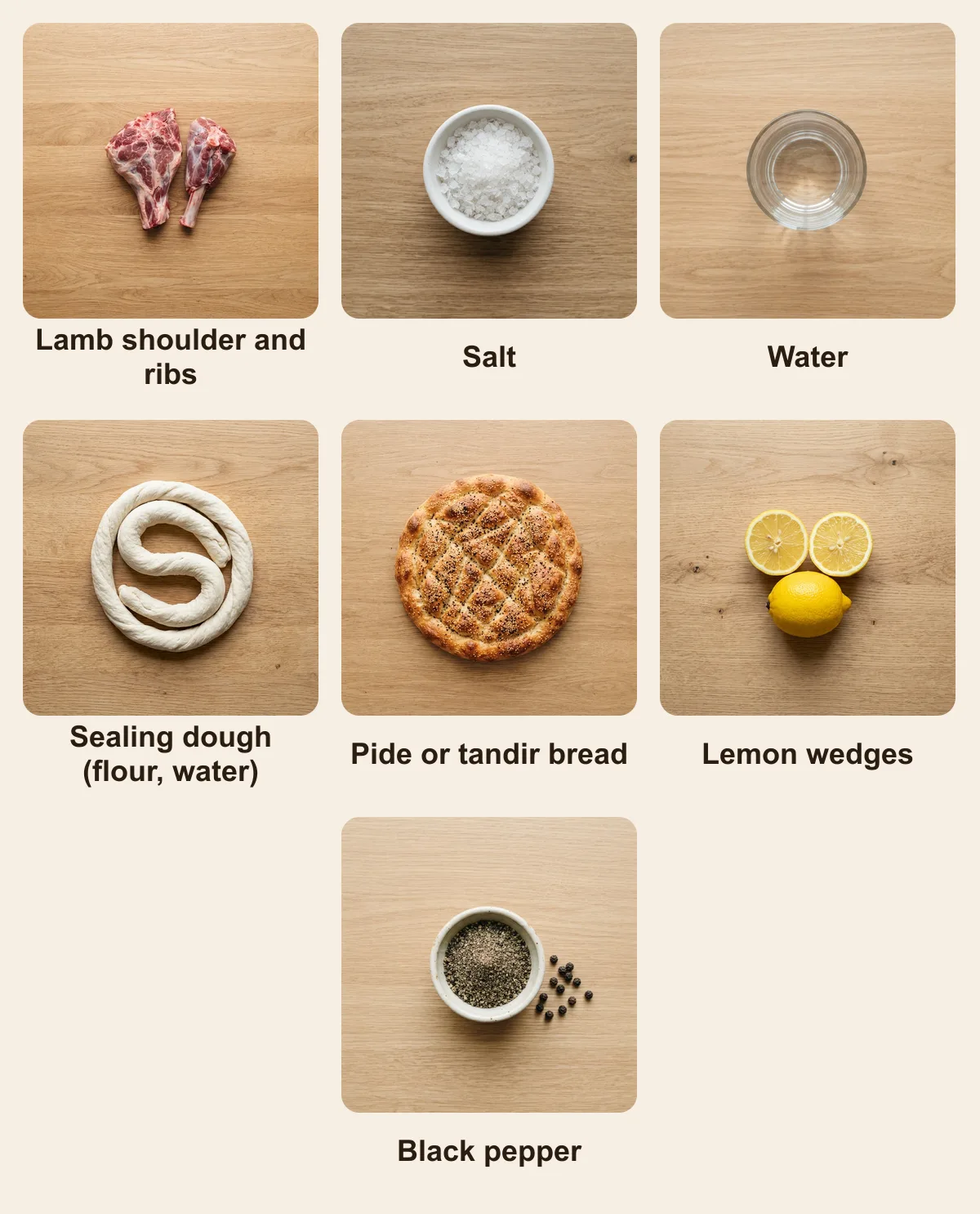 Everything you need for Buryan Kebab, laid out from above: Lamb shoulder and ribs, Salt, Water, Sealing dough (flour, water), Pide or tandir bread, Lemon wedges, Black pepper (AI illustration)