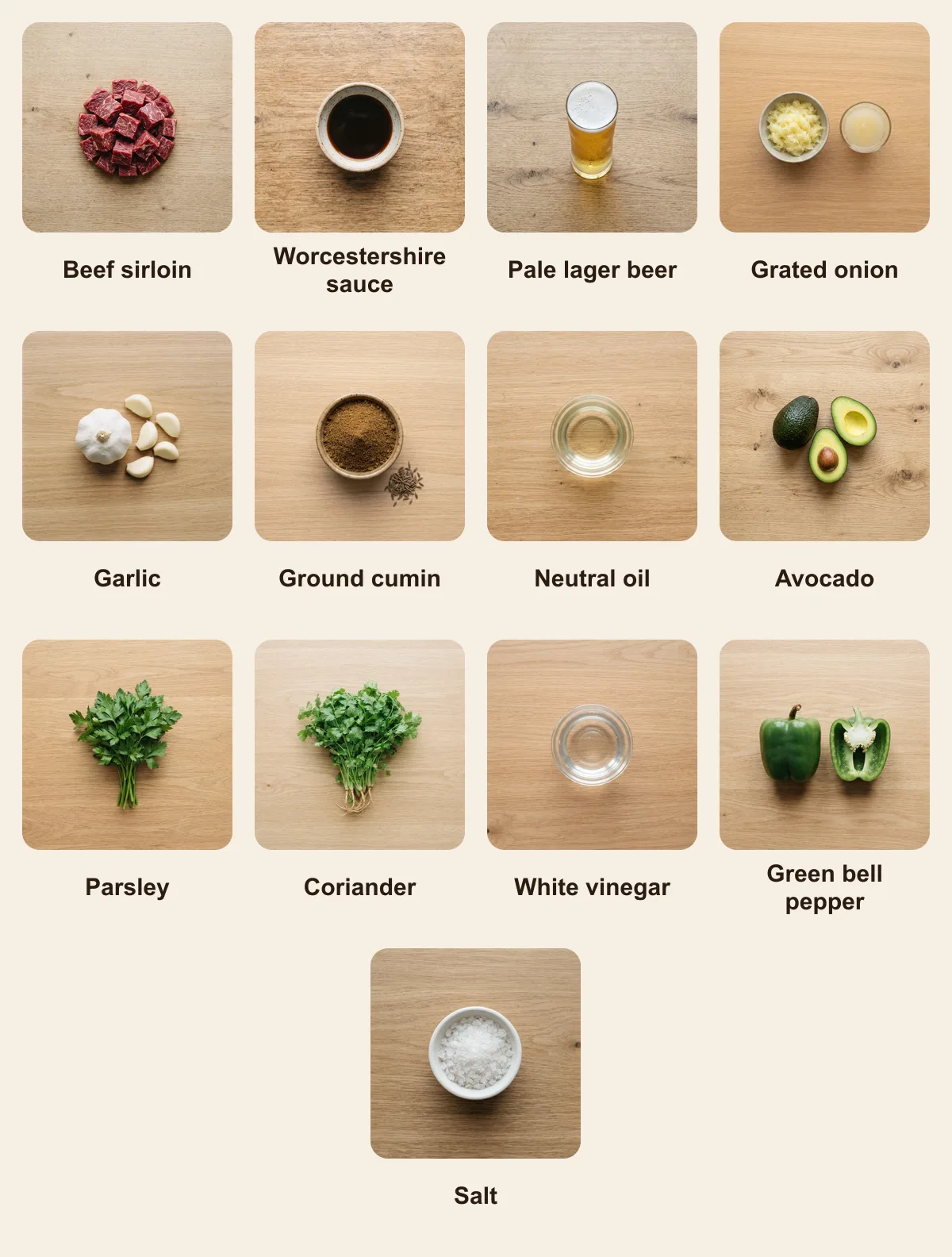 Everything you need for Carne en palito (Venezuela), laid out from above: Beef sirloin, Worcestershire sauce, Pale lager beer, Grated onion, Garlic, Ground cumin, Neutral oil, Avocado, Parsley, Coriander, White vinegar, Green bell pepper, Salt (AI illustration)