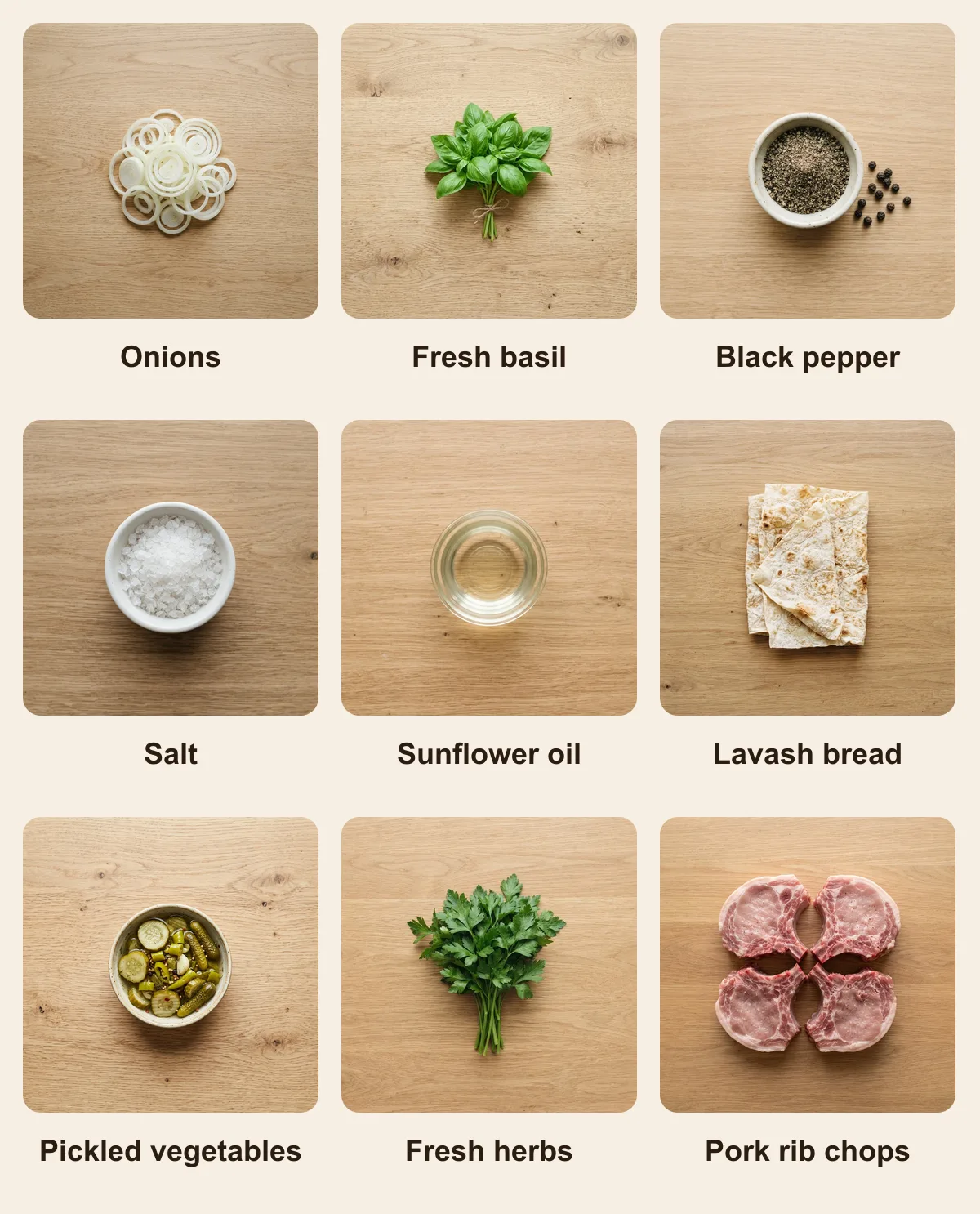 Everything you need for Chalagach, laid out from above: Onions, Fresh basil, Black pepper, Salt, Sunflower oil, Lavash bread, Pickled vegetables, Fresh herbs, Pork rib chops (AI illustration)