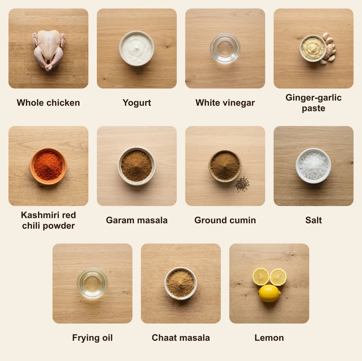 Everything you need for Chargha, laid out from above: Whole chicken, Yogurt, White vinegar, Ginger-garlic paste, Kashmiri red chili powder, Garam masala, Ground cumin, Salt, Frying oil, Chaat masala, Lemon (AI illustration)