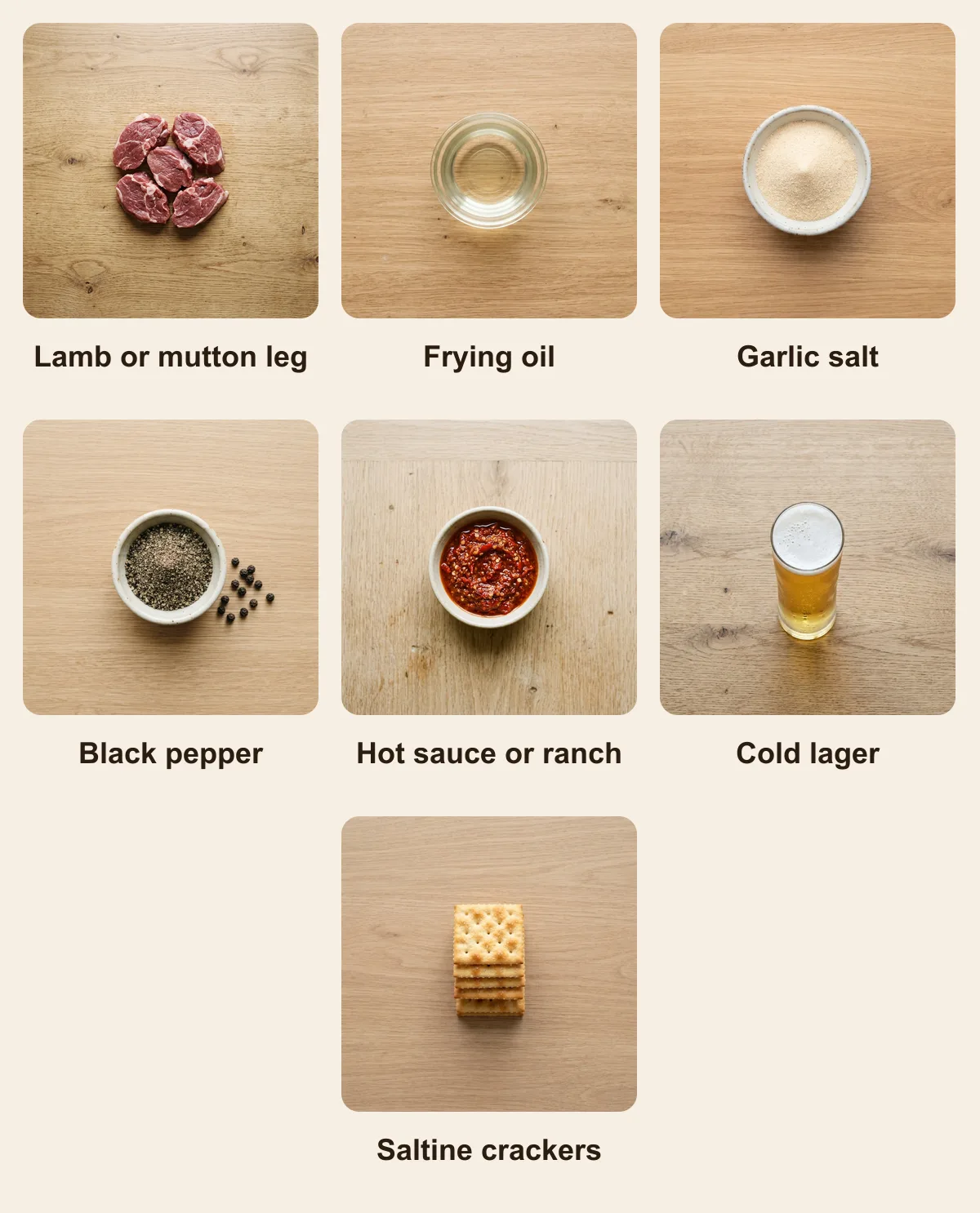 Everything you need for Chislic, laid out from above: Lamb or mutton leg, Frying oil, Garlic salt, Black pepper, Hot sauce or ranch, Cold lager, Saltine crackers (AI illustration)