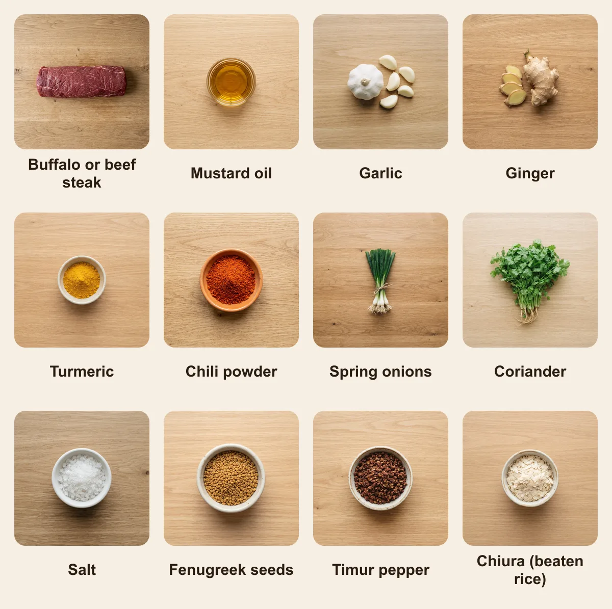Everything you need for Choila, laid out from above: Buffalo or beef steak, Mustard oil, Garlic, Ginger, Turmeric, Chili powder, Spring onions, Coriander, Salt, Fenugreek seeds, Timur pepper, Chiura (beaten rice) (AI illustration)