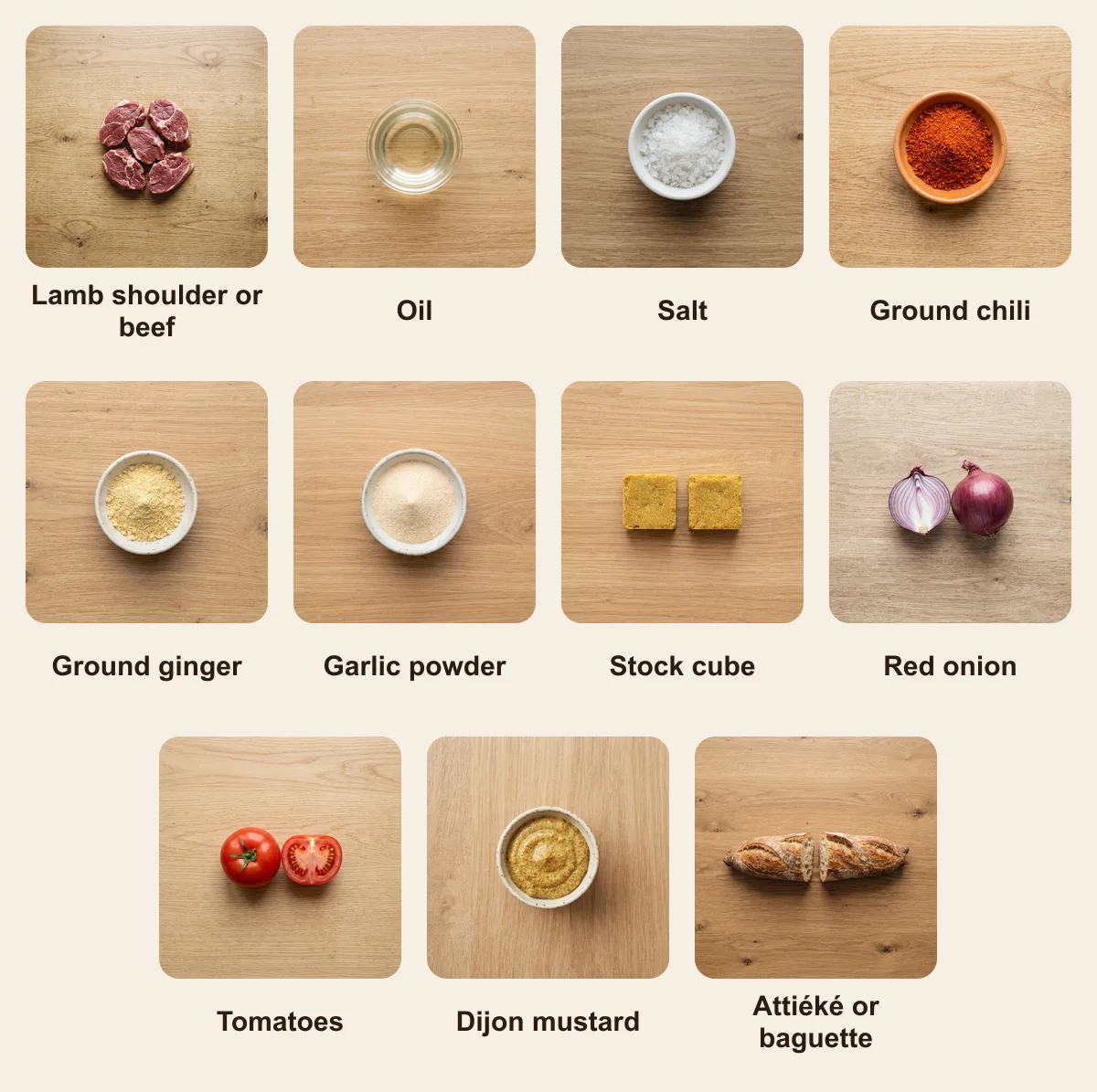 Everything you need for Choukouya, laid out from above: Lamb shoulder or beef, Oil, Salt, Ground chili, Ground ginger, Garlic powder, Stock cube, Red onion, Tomatoes, Dijon mustard, Attiéké or baguette (AI illustration)
