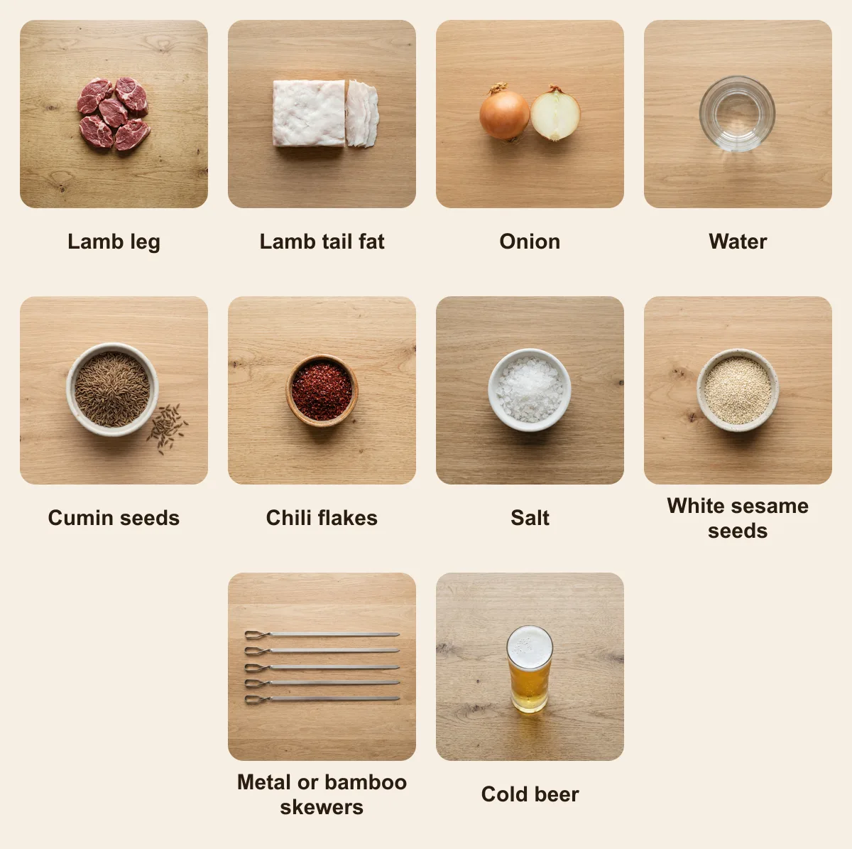 Everything you need for Chuanr, laid out from above: Lamb leg, Lamb tail fat, Onion, Water, Cumin seeds, Chili flakes, Salt, White sesame seeds, Metal or bamboo skewers, Cold beer (AI illustration)