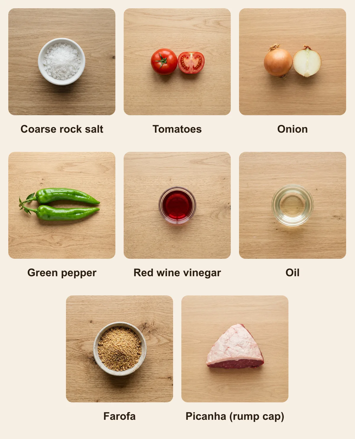 Everything you need for Churrasco Espeto, laid out from above: Coarse rock salt, Tomatoes, Onion, Green pepper, Red wine vinegar, Oil, Farofa, Picanha (rump cap) (AI illustration)
