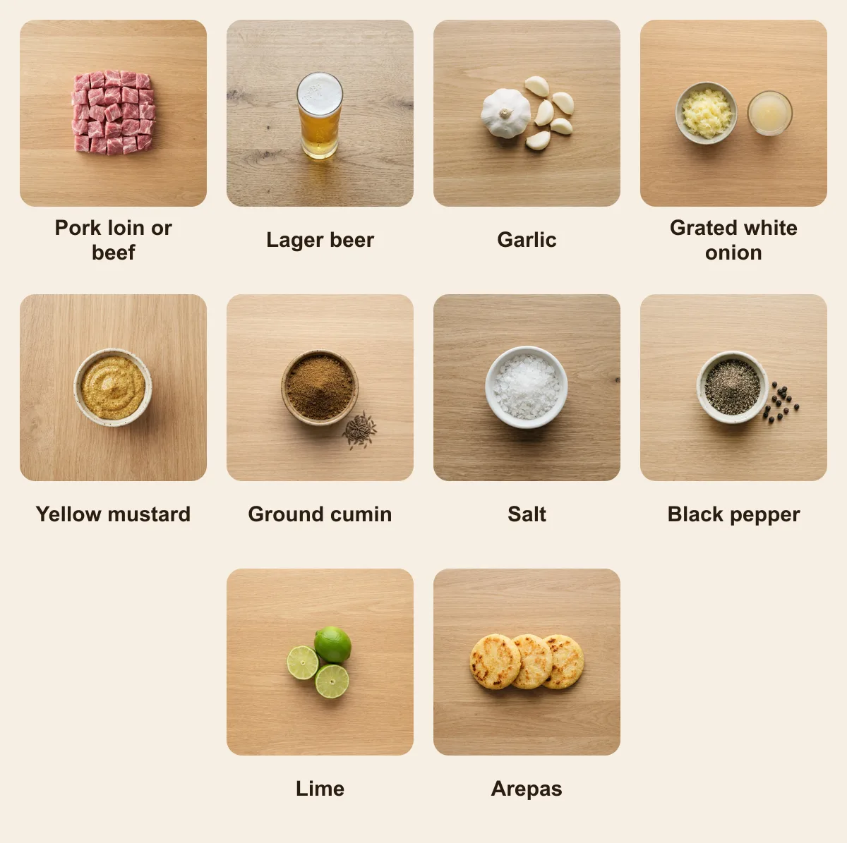 Everything you need for Chuzo (Colombia), laid out from above: Pork loin or beef, Lager beer, Garlic, Grated white onion, Yellow mustard, Ground cumin, Salt, Black pepper, Lime, Arepas (AI illustration)