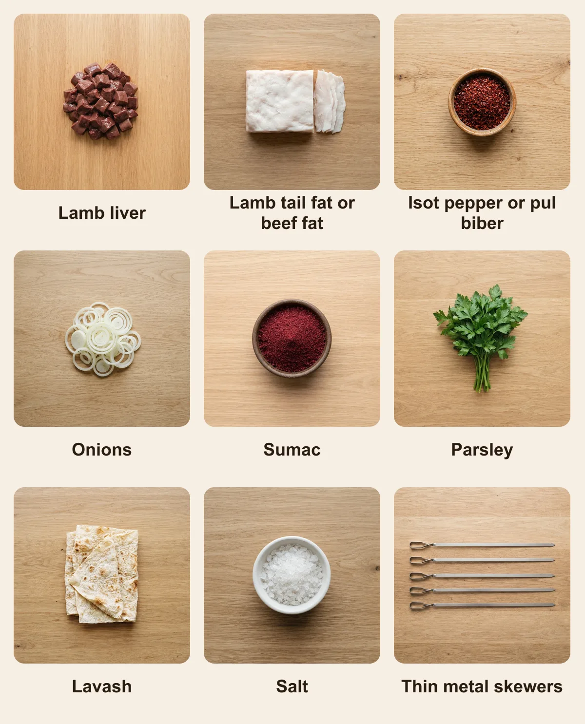 Everything you need for Ciger Kebab (Liver Kebab), laid out from above: Lamb liver, Lamb tail fat or beef fat, Isot pepper or pul biber, Onions, Sumac, Parsley, Lavash, Salt, Thin metal skewers (AI illustration)