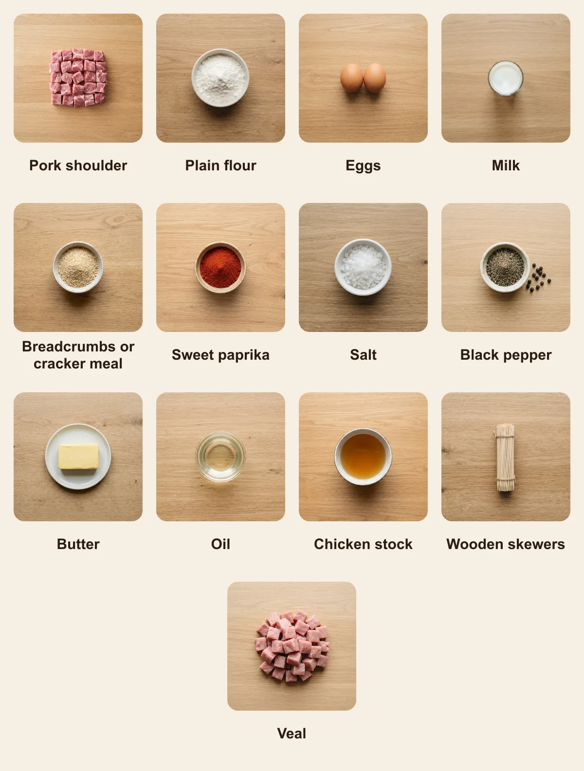 Everything you need for City chicken, laid out from above: Pork shoulder, Plain flour, Eggs, Milk, Breadcrumbs or cracker meal, Sweet paprika, Salt, Black pepper, Butter, Oil, Chicken stock, Wooden skewers, Veal (AI illustration)