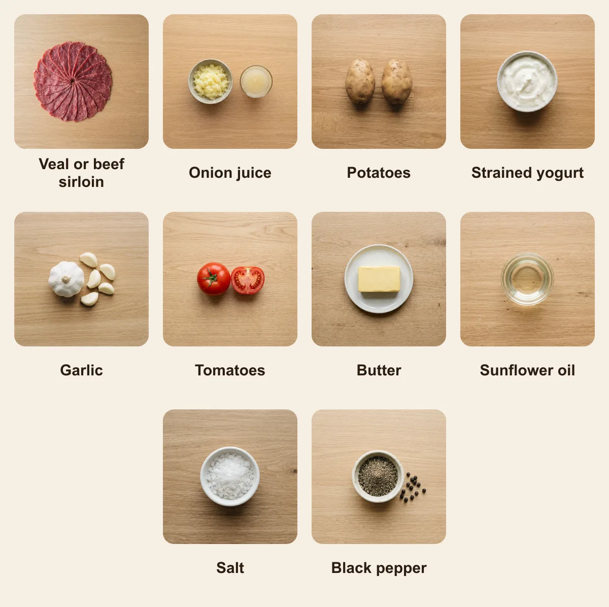 Everything you need for Cokertme Kebab, laid out from above: Veal or beef sirloin, Onion juice, Potatoes, Strained yogurt, Garlic, Tomatoes, Butter, Sunflower oil, Salt, Black pepper (AI illustration)