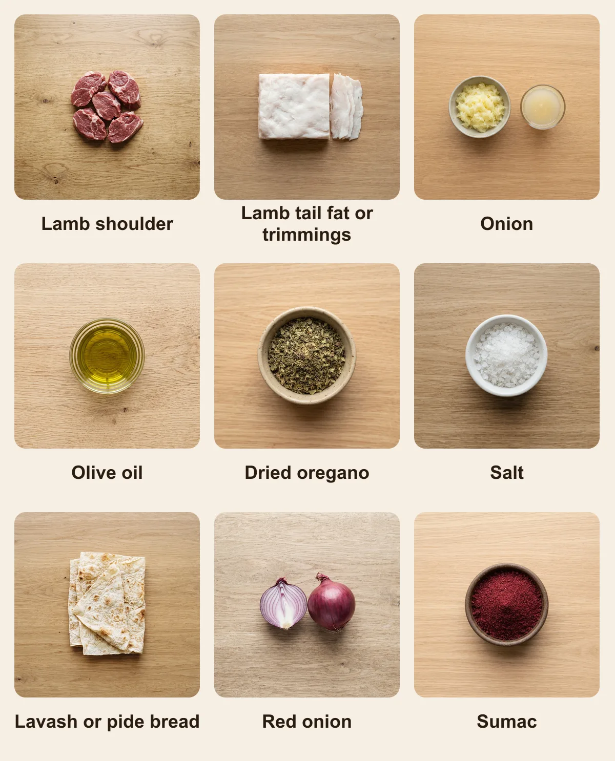 Everything you need for Cop Shish, laid out from above: Lamb shoulder, Lamb tail fat or trimmings, Onion, Olive oil, Dried oregano, Salt, Lavash or pide bread, Red onion, Sumac (AI illustration)