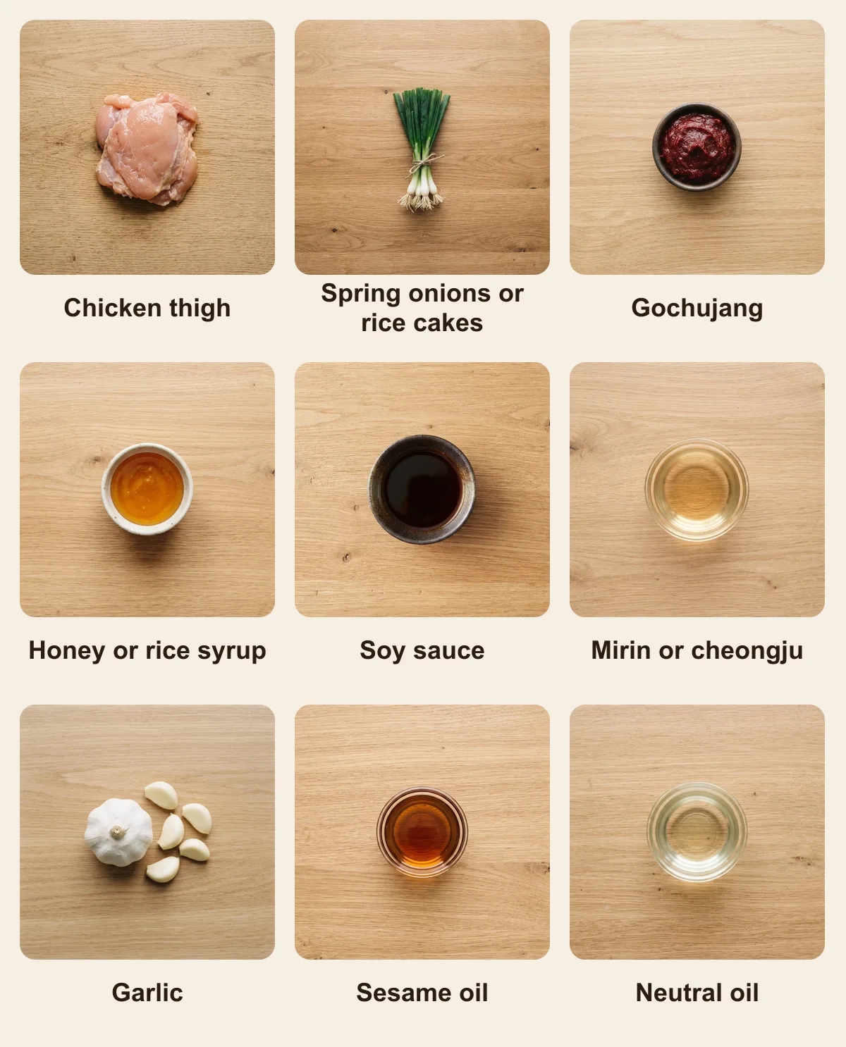 Everything you need for Dakkochi, laid out from above: Chicken thigh, Spring onions or rice cakes, Gochujang, Honey or rice syrup, Soy sauce, Mirin or cheongju, Garlic, Sesame oil, Neutral oil (AI illustration)