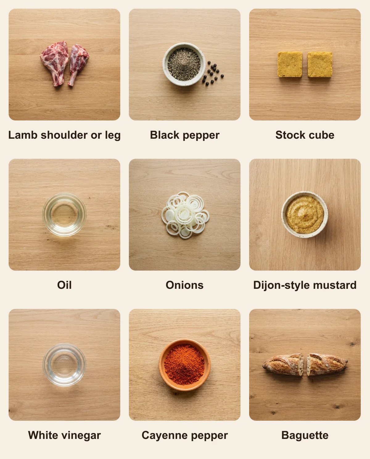 Everything you need for Dibi, laid out from above: Lamb shoulder or leg, Black pepper, Stock cube, Oil, Onions, Dijon-style mustard, White vinegar, Cayenne pepper, Baguette (AI illustration)