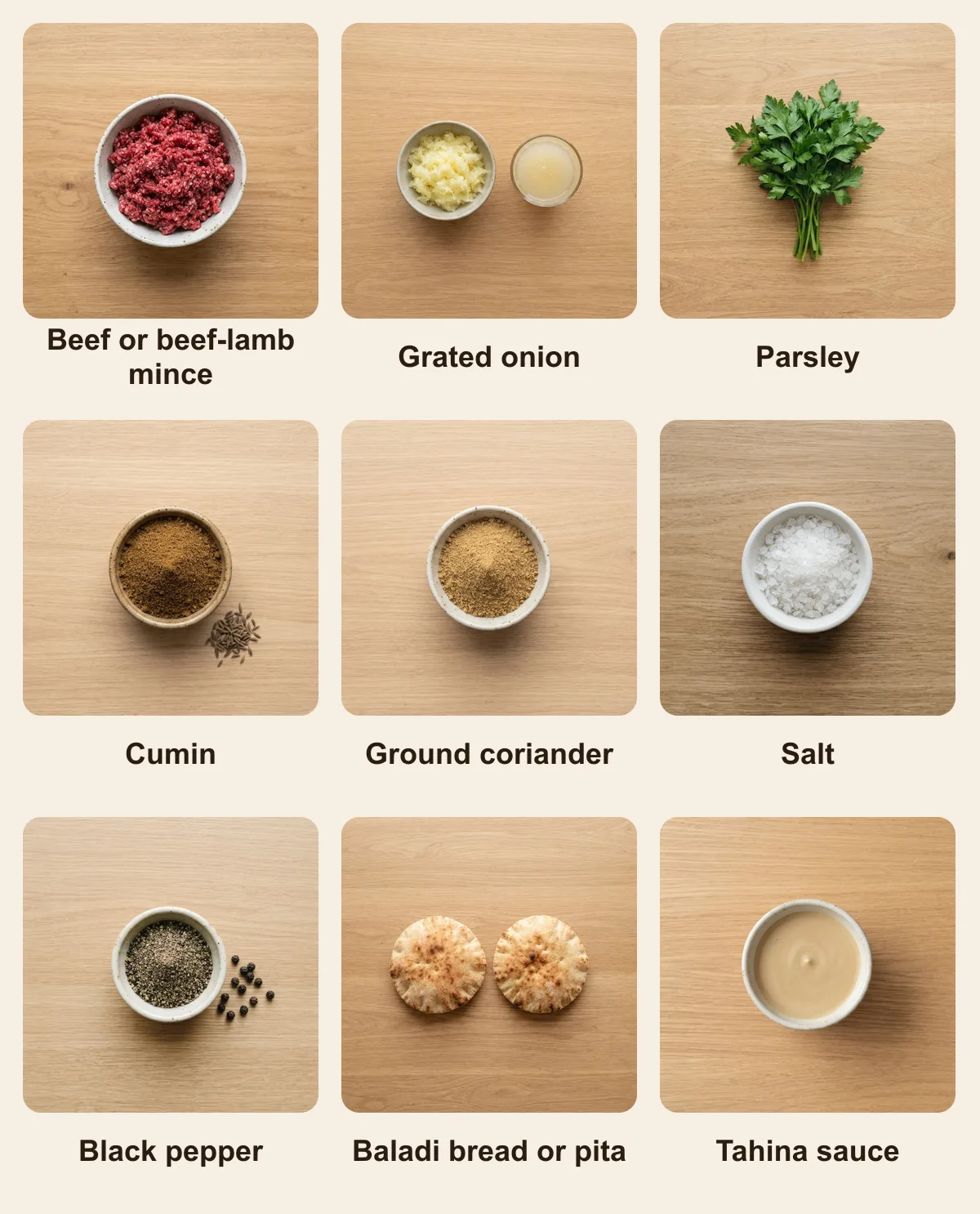 Everything you need for Egyptian Kofta, laid out from above: Beef or beef-lamb mince, Grated onion, Parsley, Cumin, Ground coriander, Salt, Black pepper, Baladi bread or pita, Tahina sauce (AI illustration)