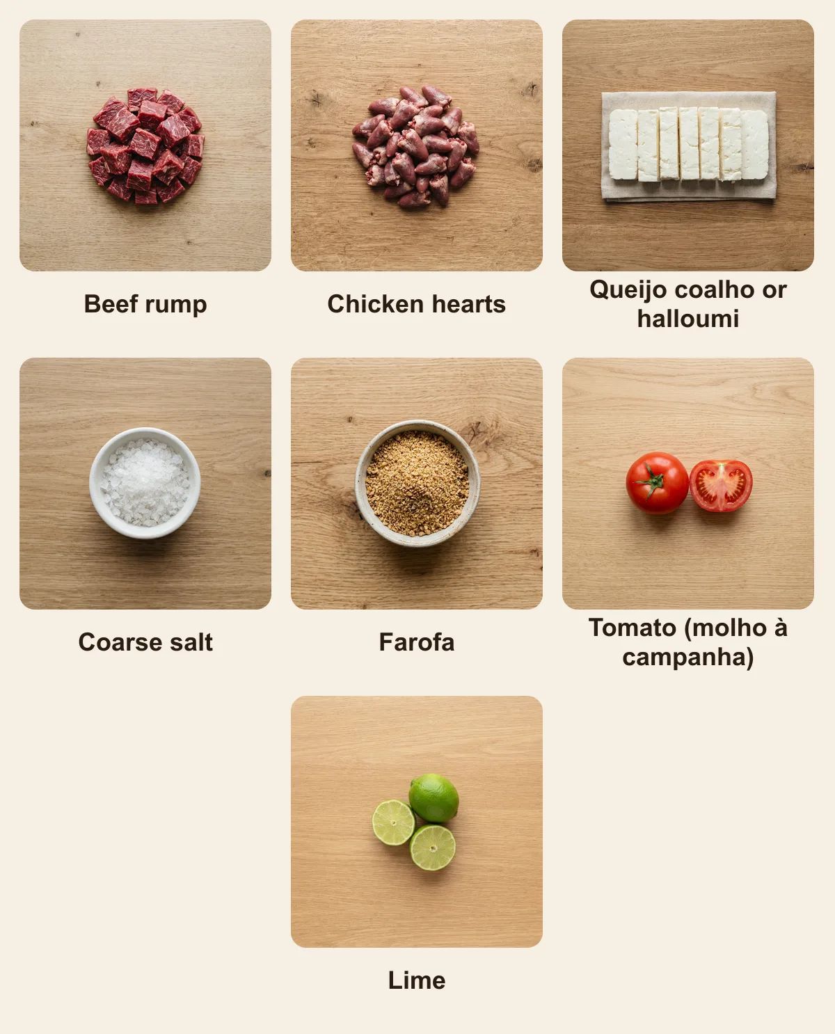 Everything you need for Espetinho, laid out from above: Beef rump, Chicken hearts, Queijo coalho or halloumi, Coarse salt, Farofa, Tomato (molho à campanha), Lime (AI illustration)