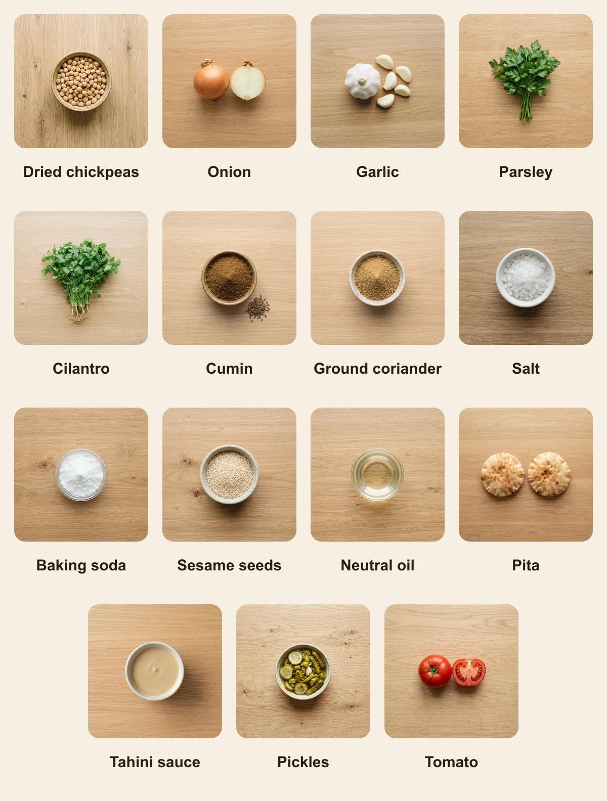 Everything you need for Falafel, laid out from above: Dried chickpeas, Onion, Garlic, Parsley, Cilantro, Cumin, Ground coriander, Salt, Baking soda, Sesame seeds, Neutral oil, Pita, Tahini sauce, Pickles, Tomato (AI illustration)