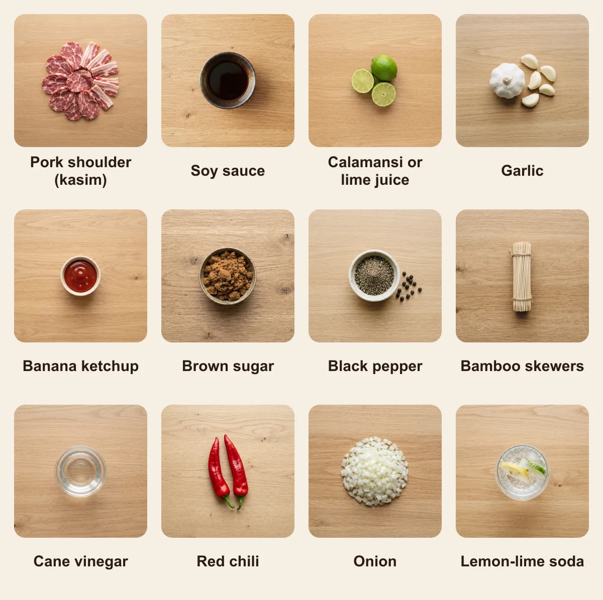 Everything you need for Filipino Pork Barbecue, laid out from above: Pork shoulder (kasim), Soy sauce, Calamansi or lime juice, Garlic, Banana ketchup, Brown sugar, Black pepper, Bamboo skewers, Cane vinegar, Red chili, Onion, Lemon-lime soda (AI illustration)