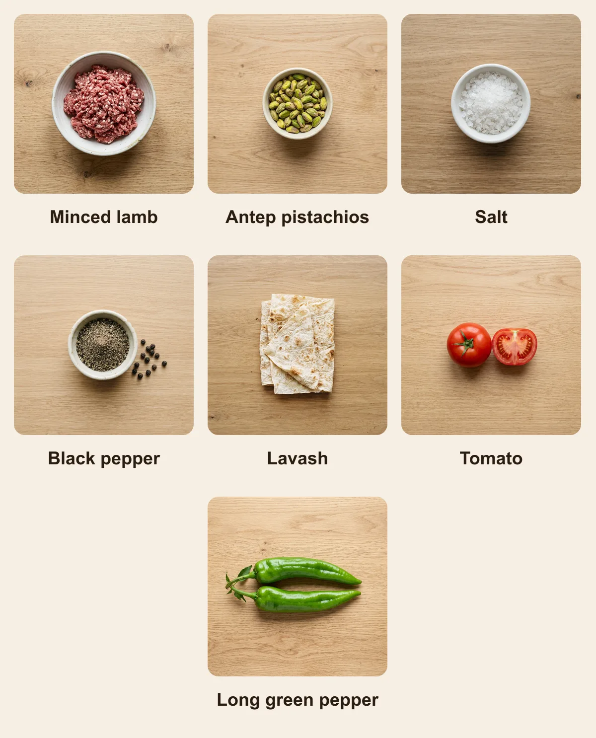 Everything you need for Fistikli Kebab (Pistachio Kebab), laid out from above: Minced lamb, Antep pistachios, Salt, Black pepper, Lavash, Tomato, Long green pepper (AI illustration)