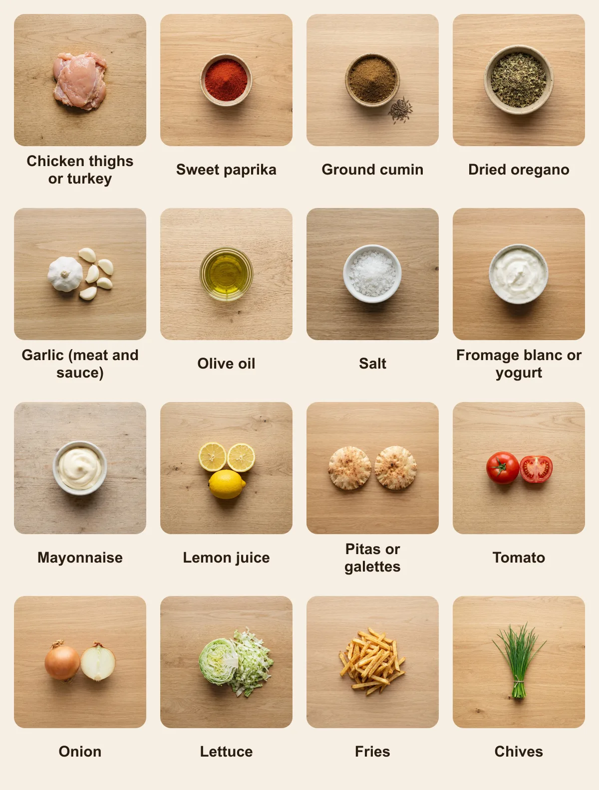 Everything you need for French Kebab (Le Grec), laid out from above: Chicken thighs or turkey, Sweet paprika, Ground cumin, Dried oregano, Garlic (meat and sauce), Olive oil, Salt, Fromage blanc or yogurt, Mayonnaise, Lemon juice, Pitas or galettes, Tomato, Onion, Lettuce, Fries, Chives (AI illustration)