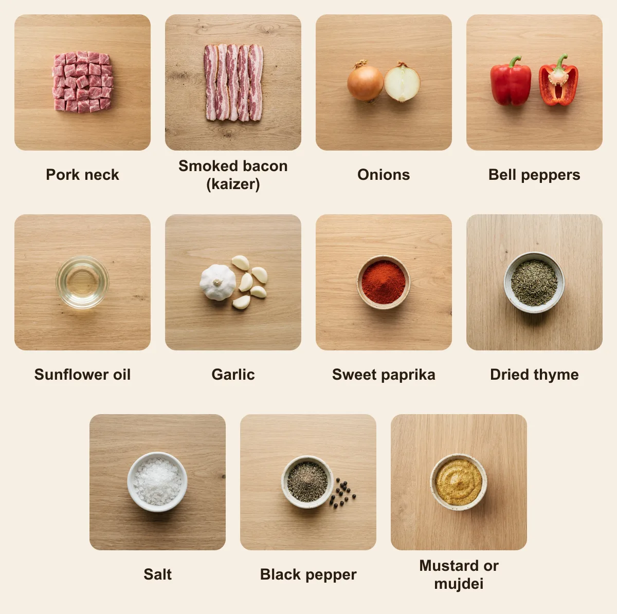 Everything you need for Frigărui, laid out from above: Pork neck, Smoked bacon (kaizer), Onions, Bell peppers, Sunflower oil, Garlic, Sweet paprika, Dried thyme, Salt, Black pepper, Mustard or mujdei (AI illustration)