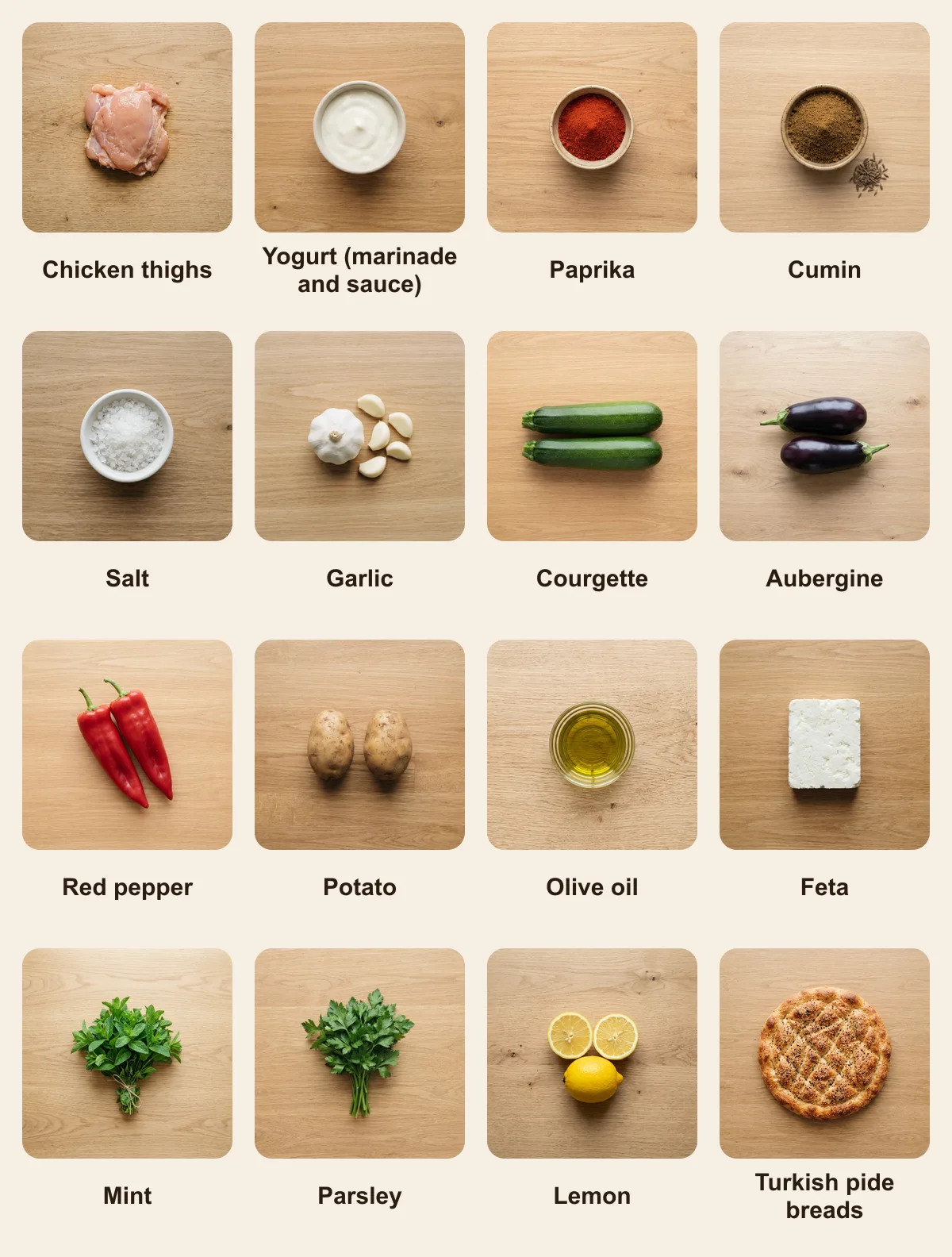 Everything you need for Gemüse Kebap, laid out from above: Chicken thighs, Yogurt (marinade and sauce), Paprika, Cumin, Salt, Garlic, Courgette, Aubergine, Red pepper, Potato, Olive oil, Feta, Mint, Parsley, Lemon, Turkish pide breads (AI illustration)