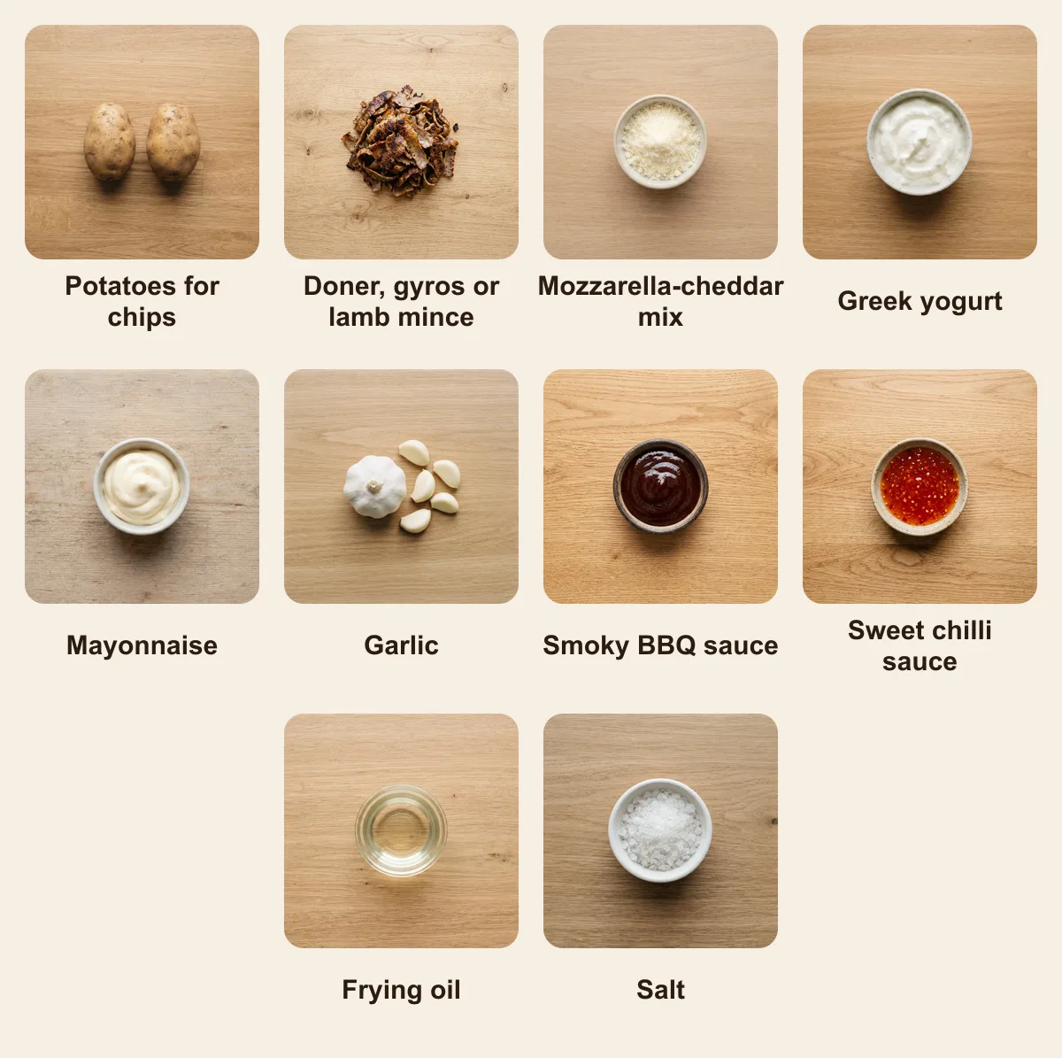 Everything you need for Halal Snack Pack, laid out from above: Potatoes for chips, Doner, gyros or lamb mince, Mozzarella-cheddar mix, Greek yogurt, Mayonnaise, Garlic, Smoky BBQ sauce, Sweet chilli sauce, Frying oil, Salt (AI illustration)