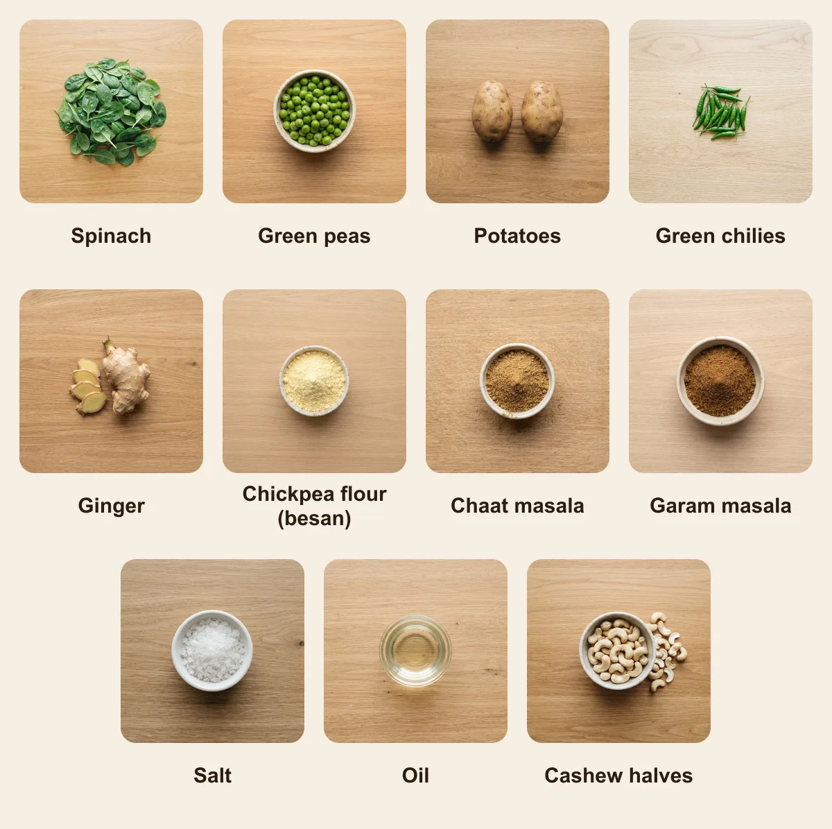 Everything you need for Hara Bhara Kebab, laid out from above: Spinach, Green peas, Potatoes, Green chilies, Ginger, Chickpea flour (besan), Chaat masala, Garam masala, Salt, Oil, Cashew halves (AI illustration)