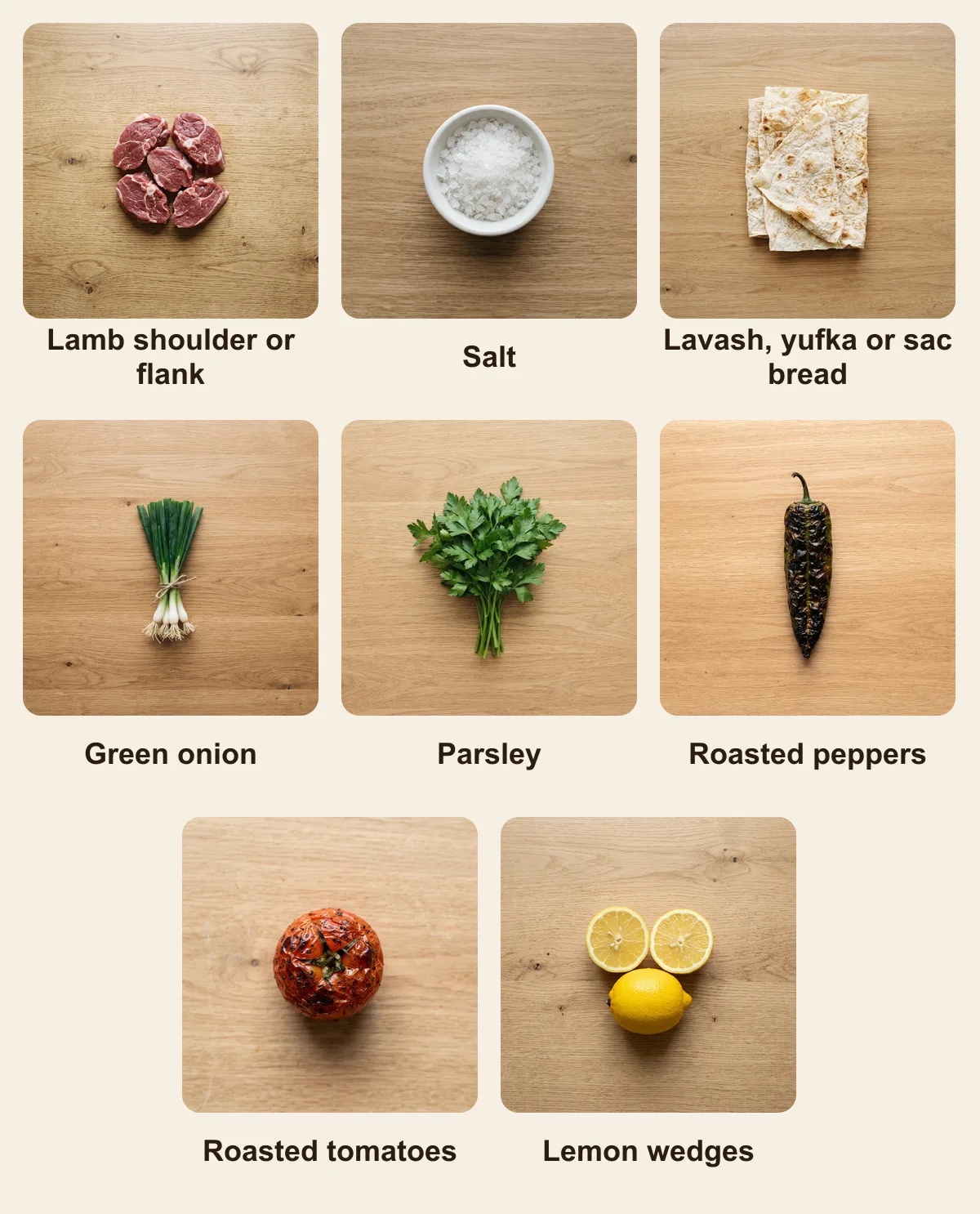 Everything you need for Hashas Kebab (Poppy Kebab), laid out from above: Lamb shoulder or flank, Salt, Lavash, yufka or sac bread, Green onion, Parsley, Roasted peppers, Roasted tomatoes, Lemon wedges (AI illustration)