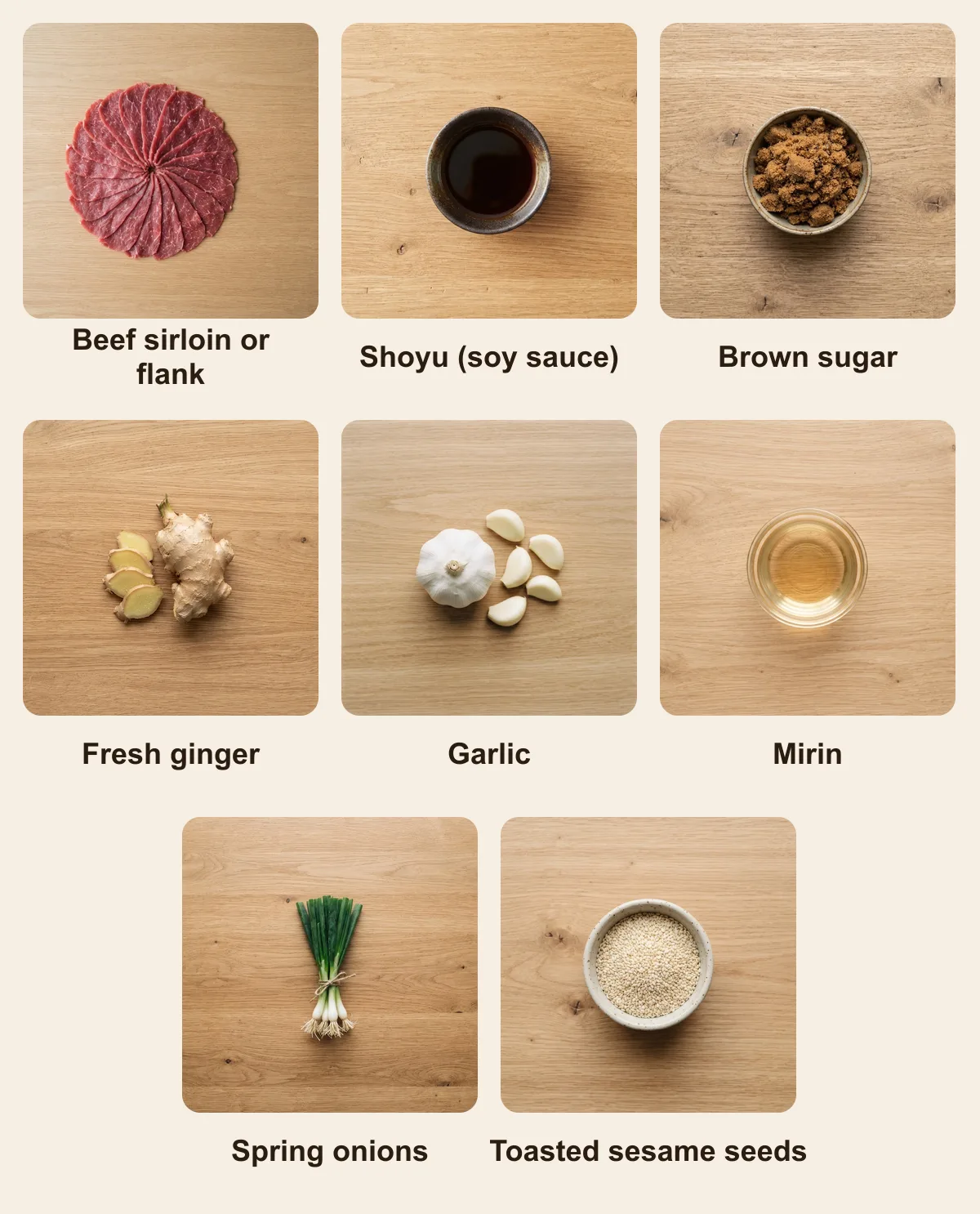 Everything you need for Hawaiian teriyaki beef sticks, laid out from above: Beef sirloin or flank, Shoyu (soy sauce), Brown sugar, Fresh ginger, Garlic, Mirin, Spring onions, Toasted sesame seeds (AI illustration)