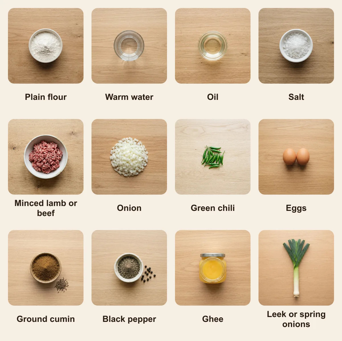 Everything you need for Hejazi Mutabbaq Kebab, laid out from above: Plain flour, Warm water, Oil, Salt, Minced lamb or beef, Onion, Green chili, Eggs, Ground cumin, Black pepper, Ghee, Leek or spring onions (AI illustration)